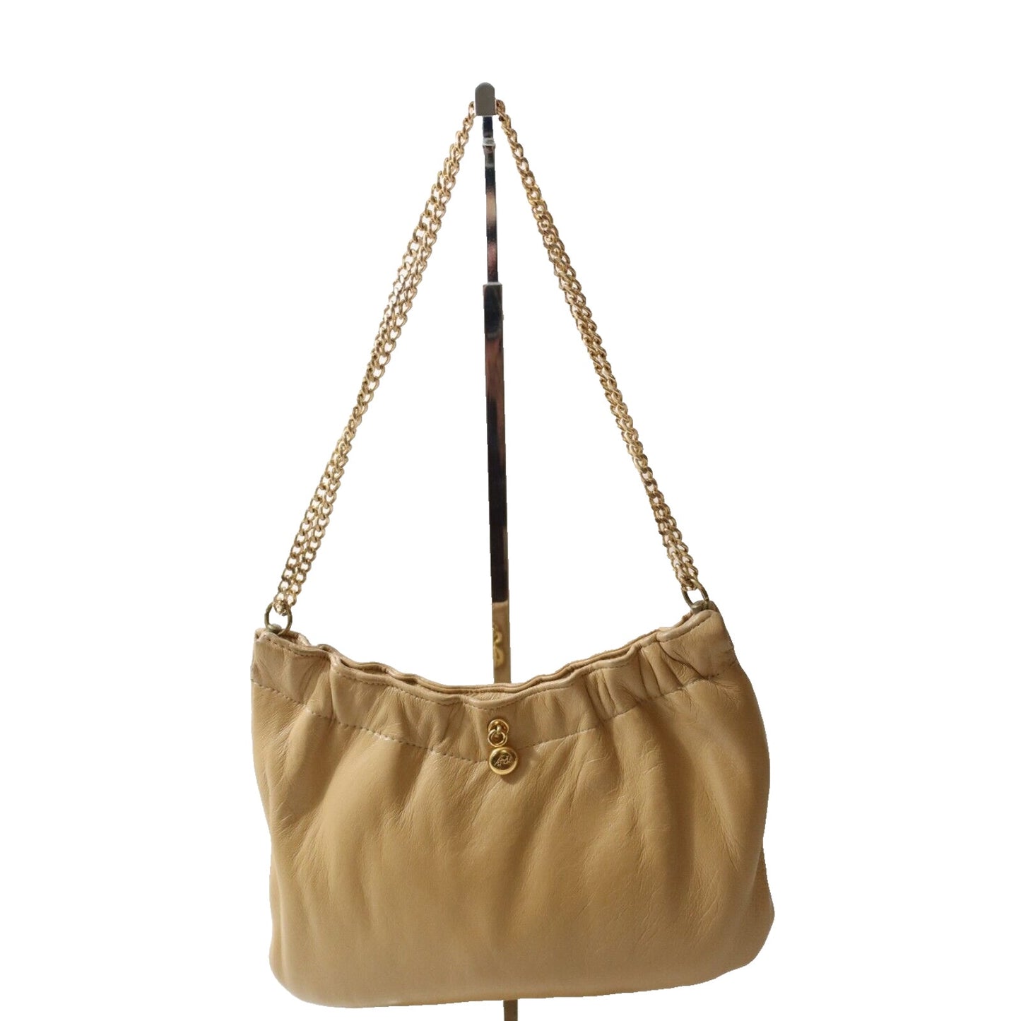 Ande Vintage Nude Tan Beige Leather Small Purse Gold Chain Shoulder Bag