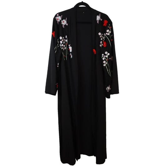 Black Open Abaya Flowers Embroidery XL