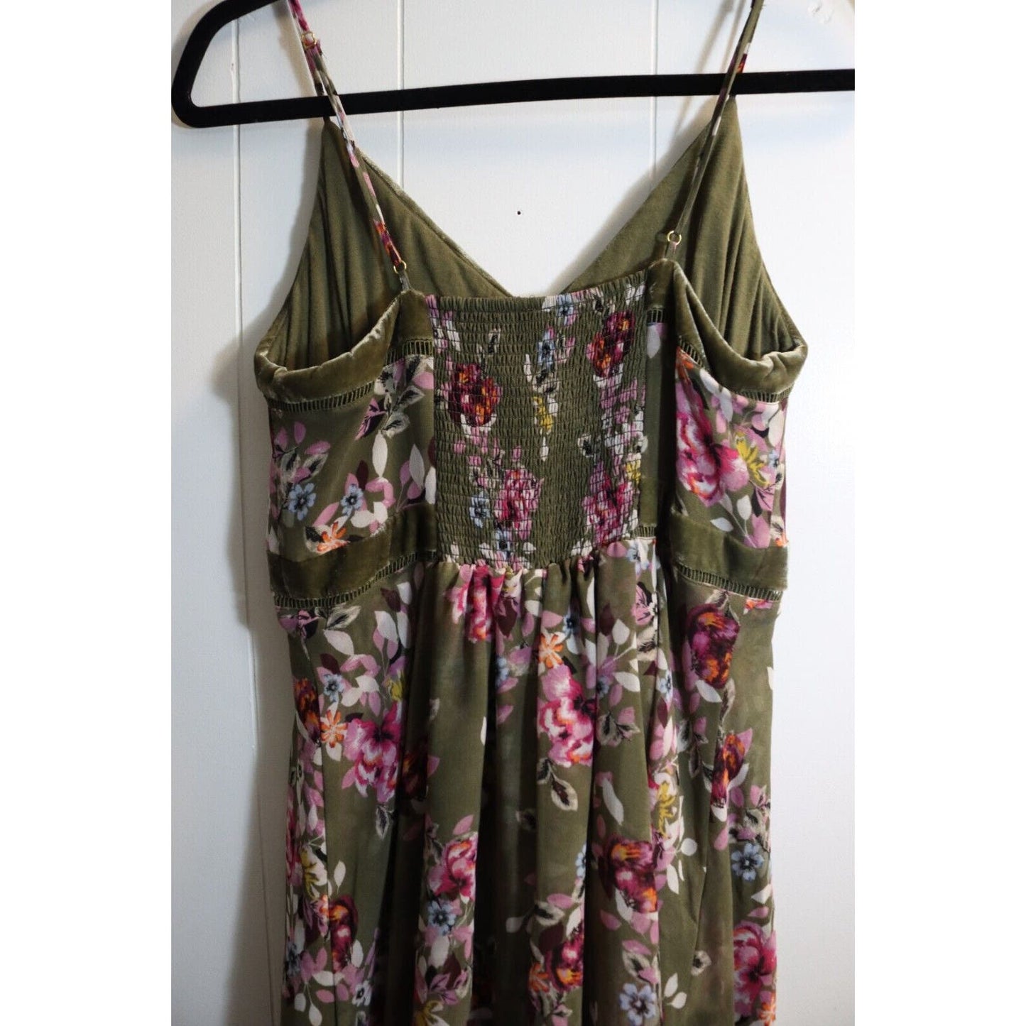 White House Black Market Green Floral Dress Velvet Trim Asymmetric Size 10