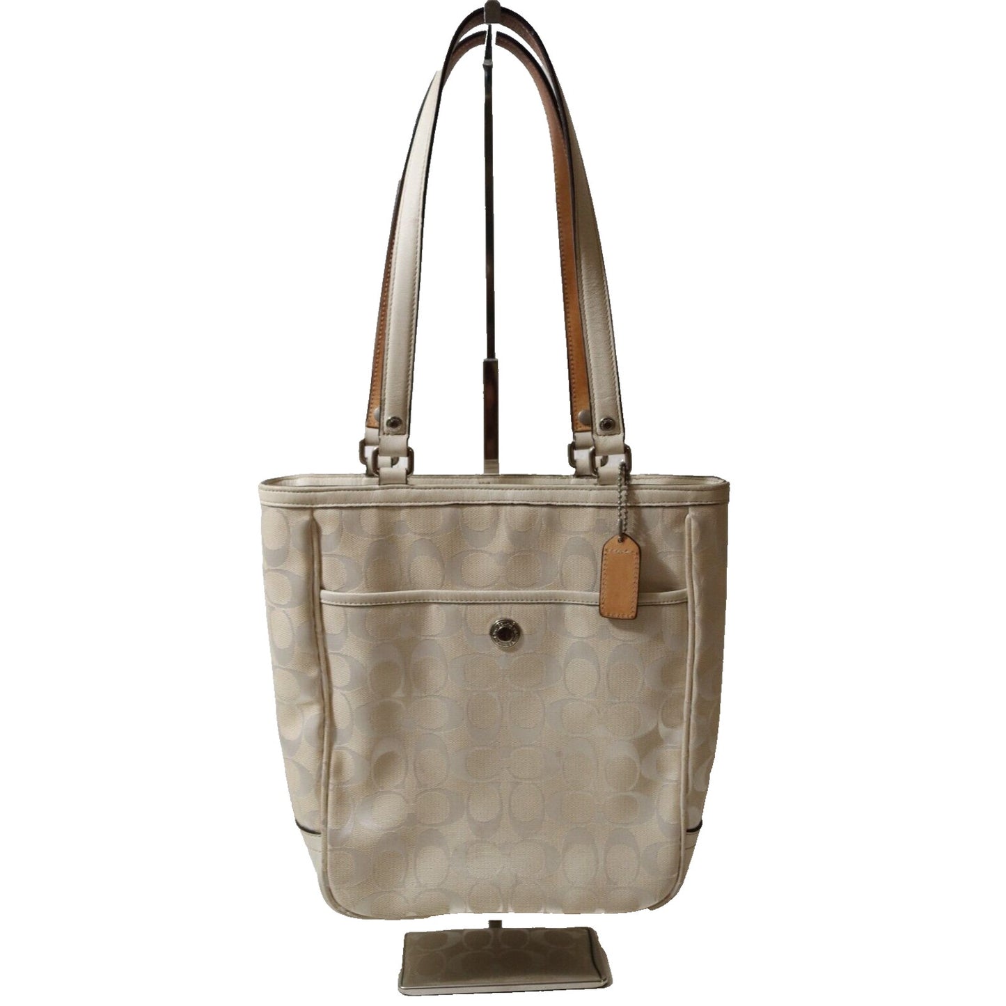 Auth COACH Signature Lunch Tote 1464 Cream Jacquard Leather - Tote Bag