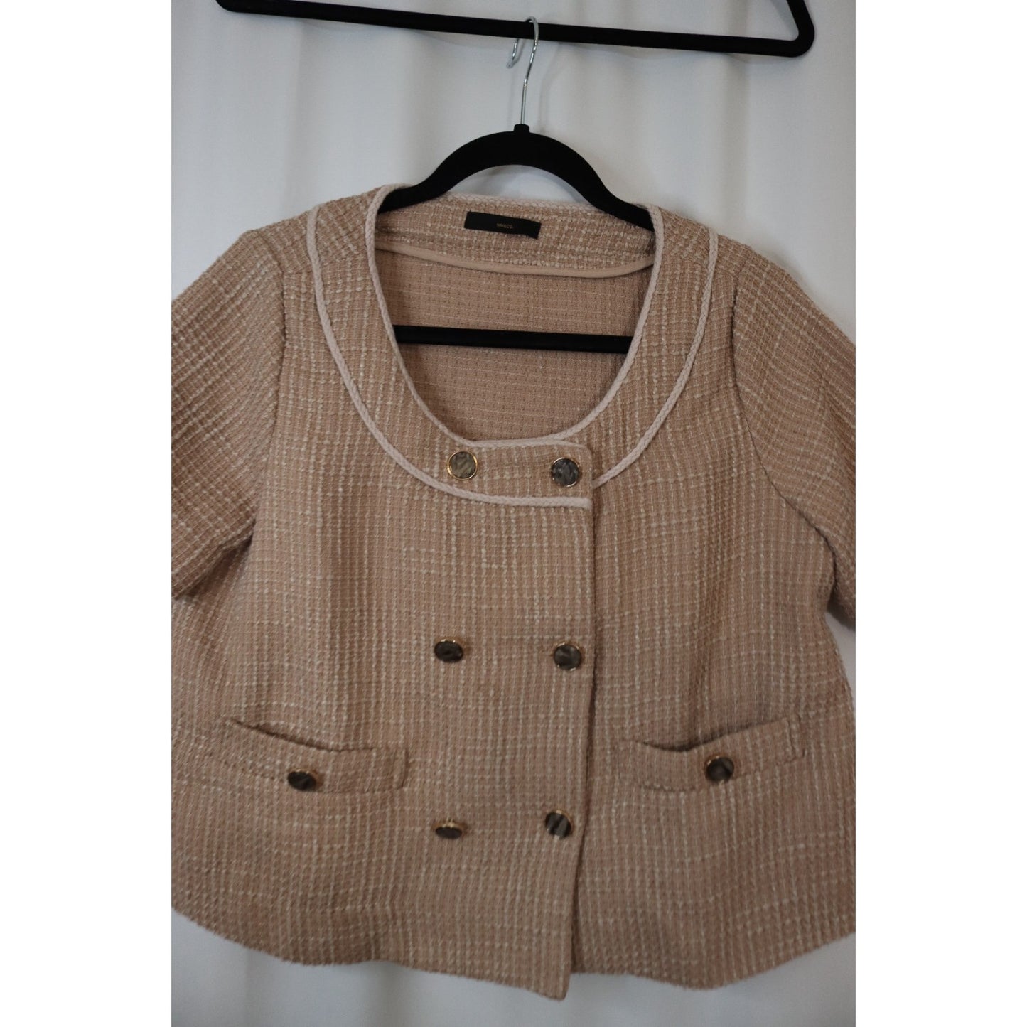 MM & Co Short Tweed Blazer Light Brown Button Preppy Flaws