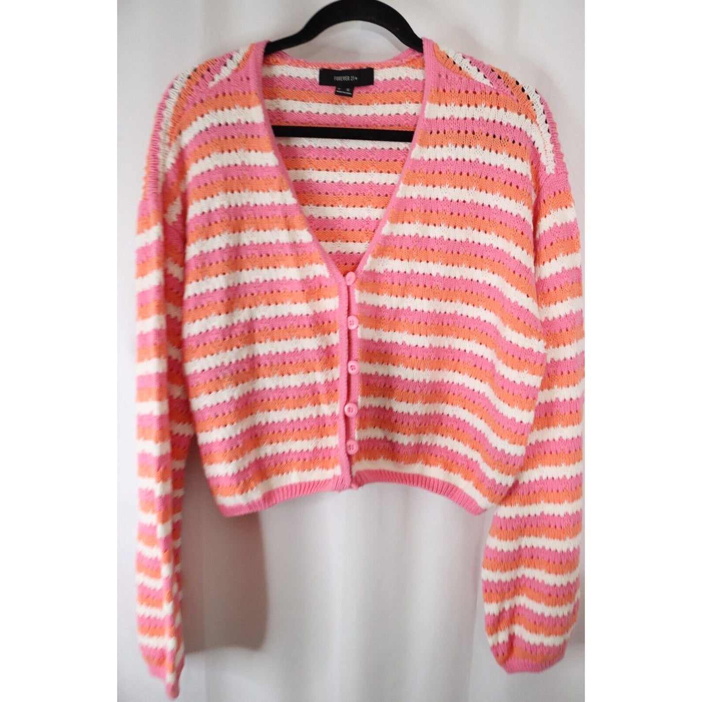 Forever 21 Sweater Cropped Pink and White Long Sleeves Size 3X Button