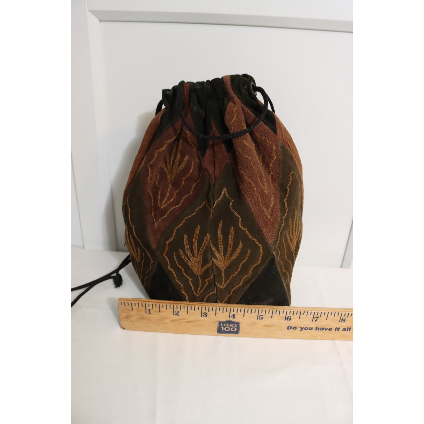 Leather Bucket Drawstring Bag Small Brown