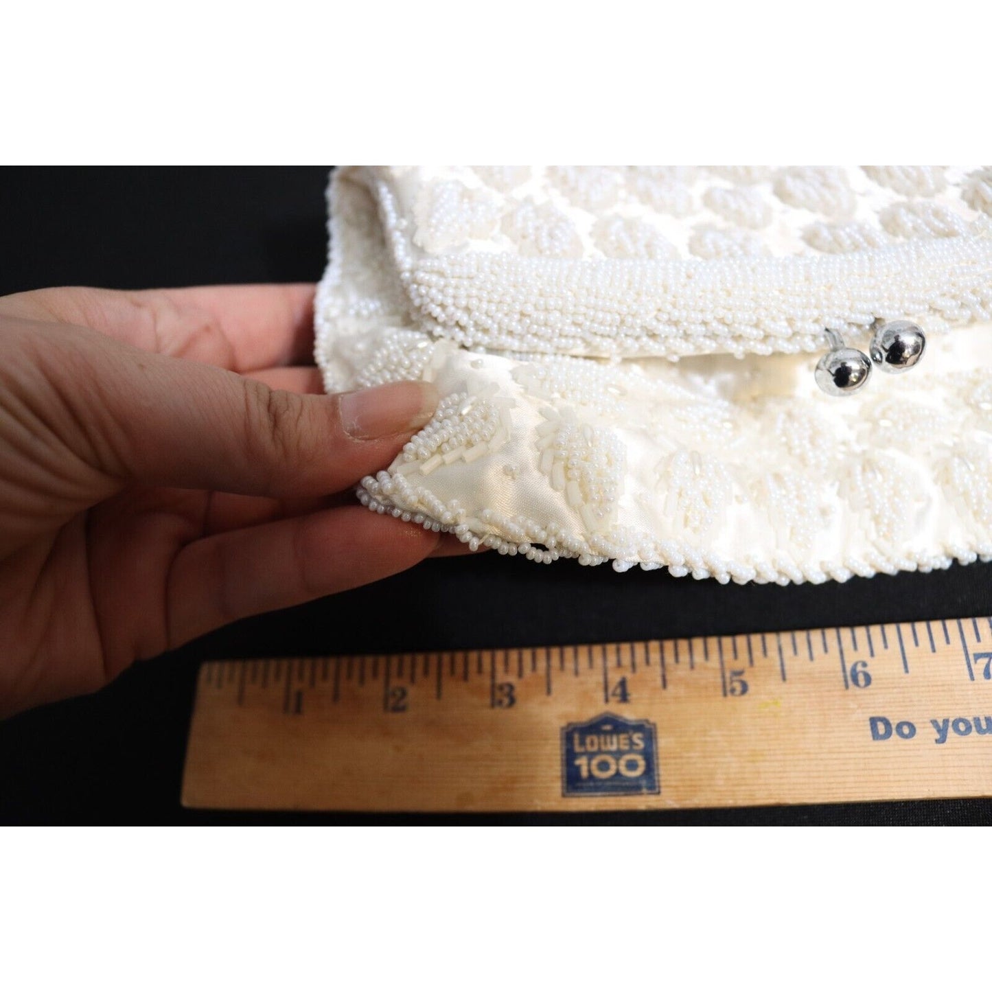 Vintage Beaded Kiss Lock Clutch White Foldable