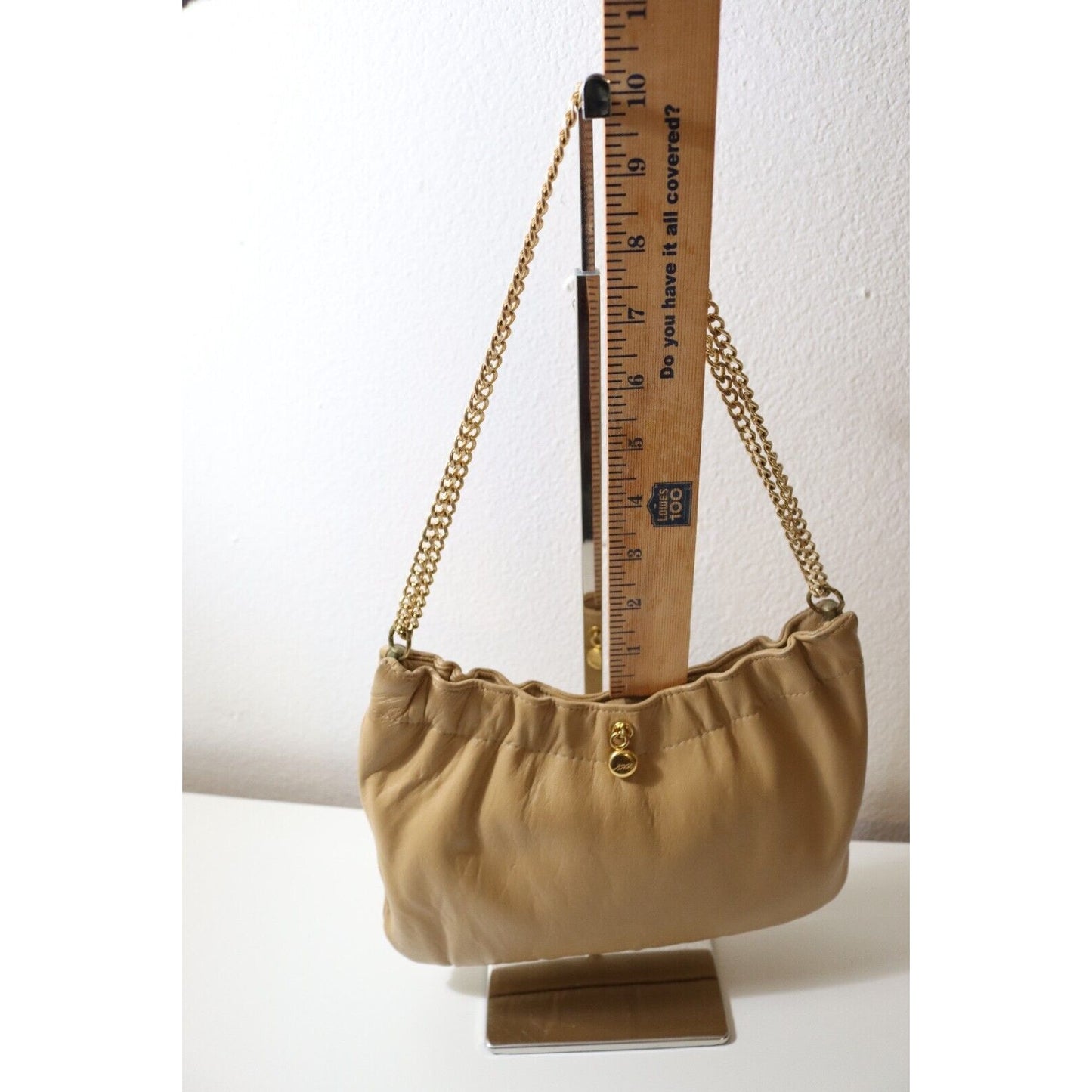 Ande Vintage Nude Tan Beige Leather Small Purse Gold Chain Shoulder Bag