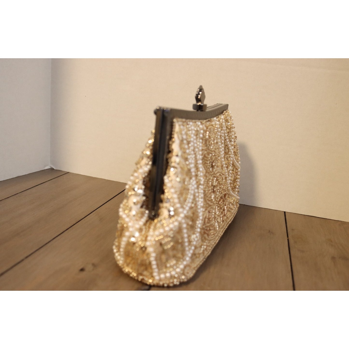 Vintage Inspired Beaded Ivory Bag Top Handle Clutch Gunmetal