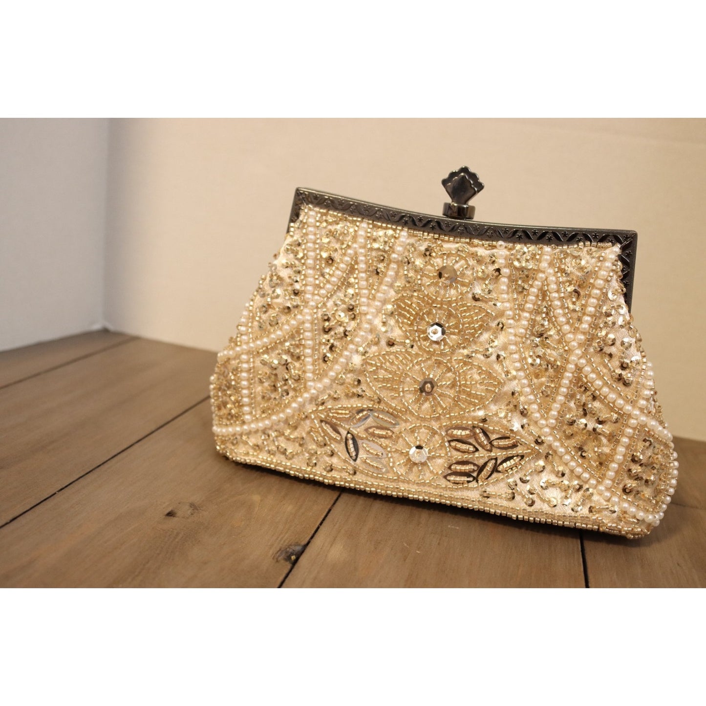 Vintage Inspired Beaded Ivory Bag Top Handle Clutch Gunmetal