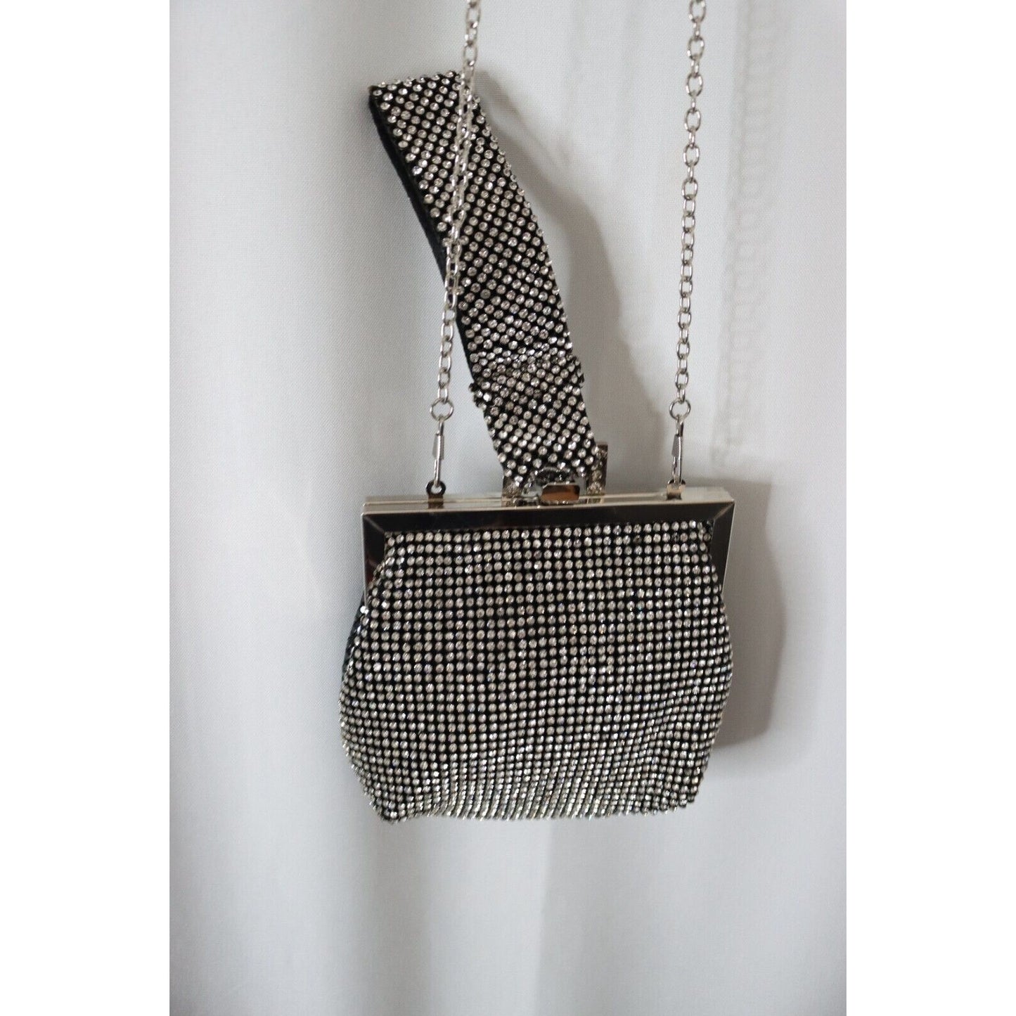 Unbranded Evening Bag Black and Silve Rhinestone with Crossbody Strap