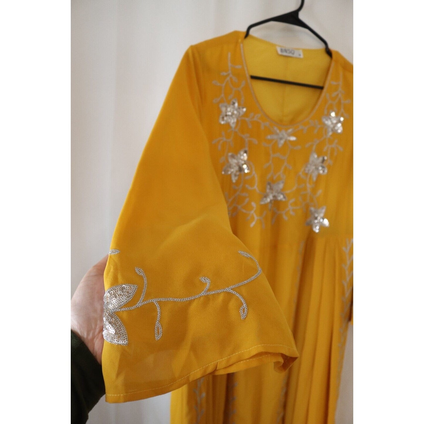 Abaya Yellow BNSQ Maxi Long Sleeve Lined 56" Embroidery