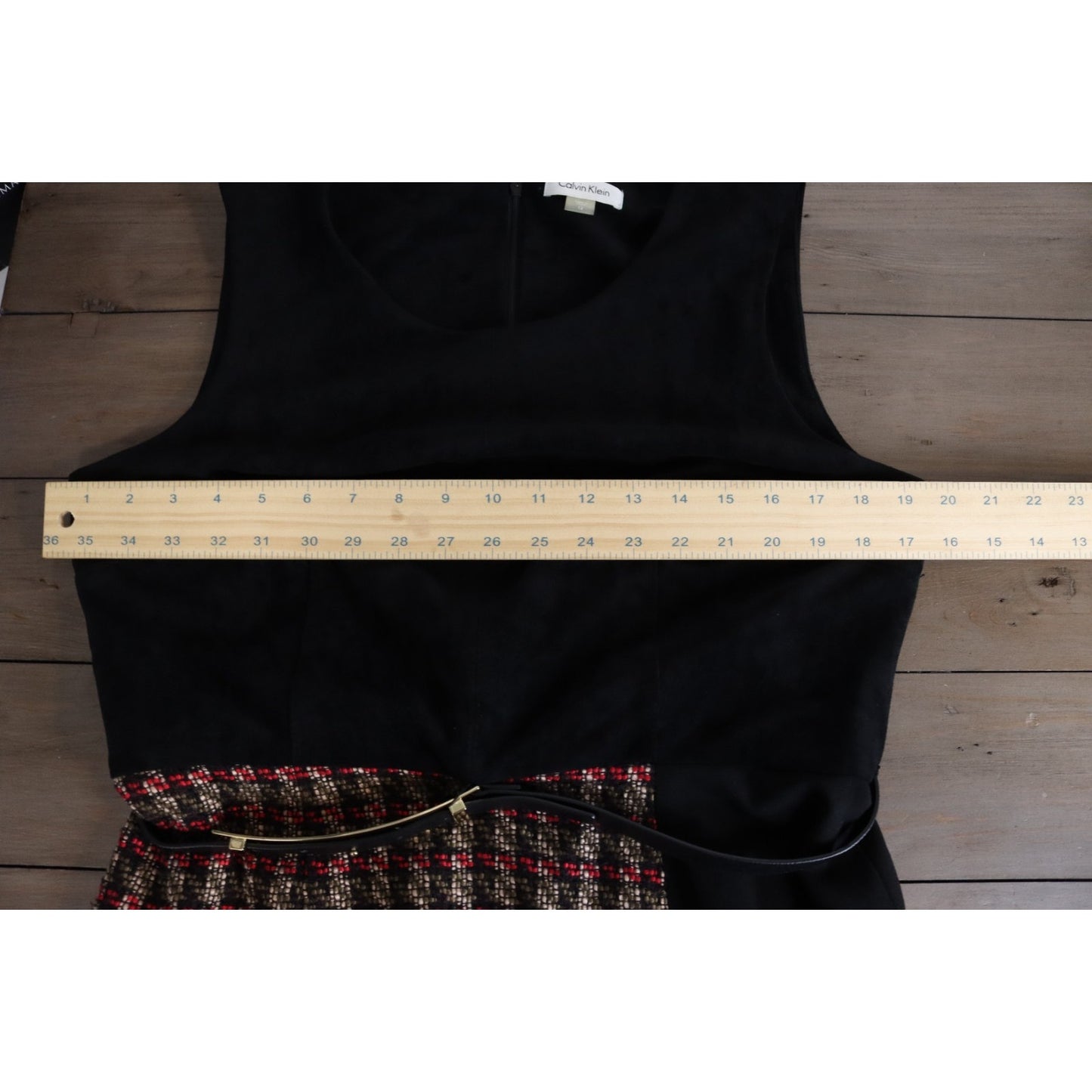 Calvin Klein Black/Brown/Red 12 Pencil Dress Belt Tweed Lined Zip Sleeveless