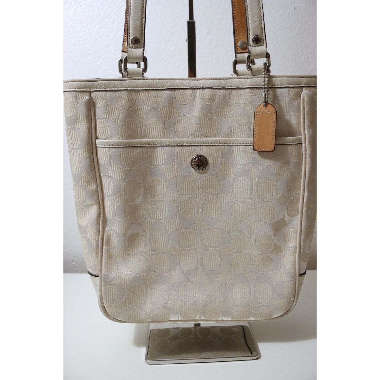 Auth COACH Signature Lunch Tote 1464 Cream Jacquard Leather - Tote Bag