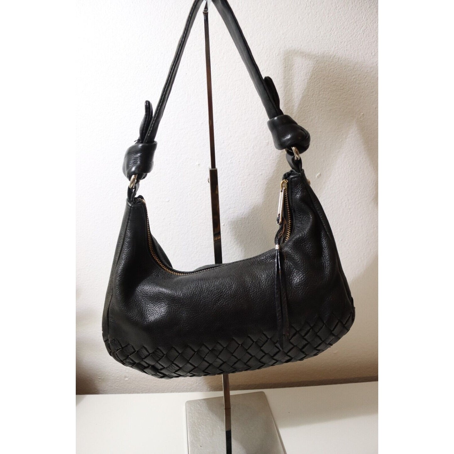 Elliott Lucca Black Leather Handbag Woven Shoulder Bag