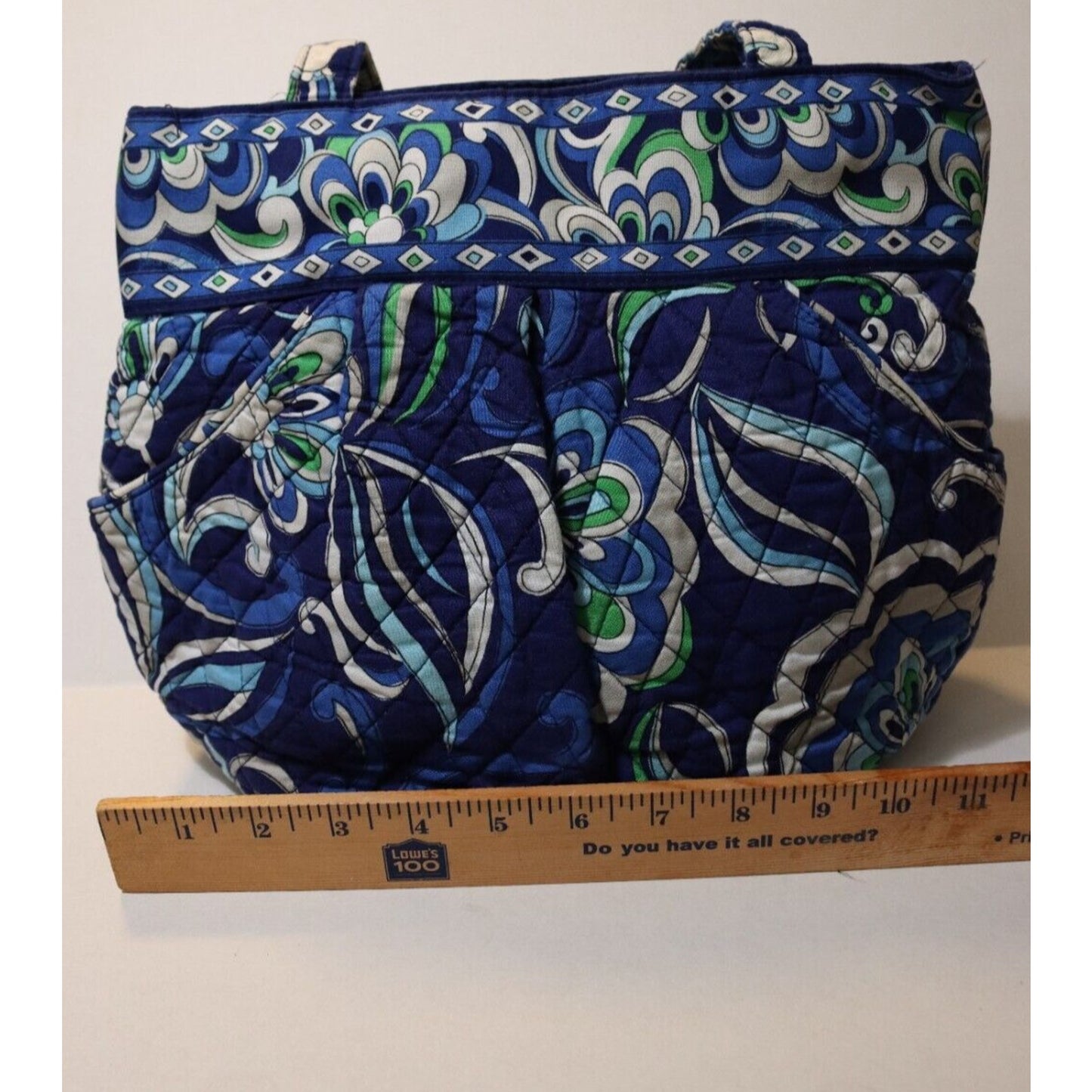 Vera Bradley Blue White Green Zipper Closure Shoulder Bag Double Handle