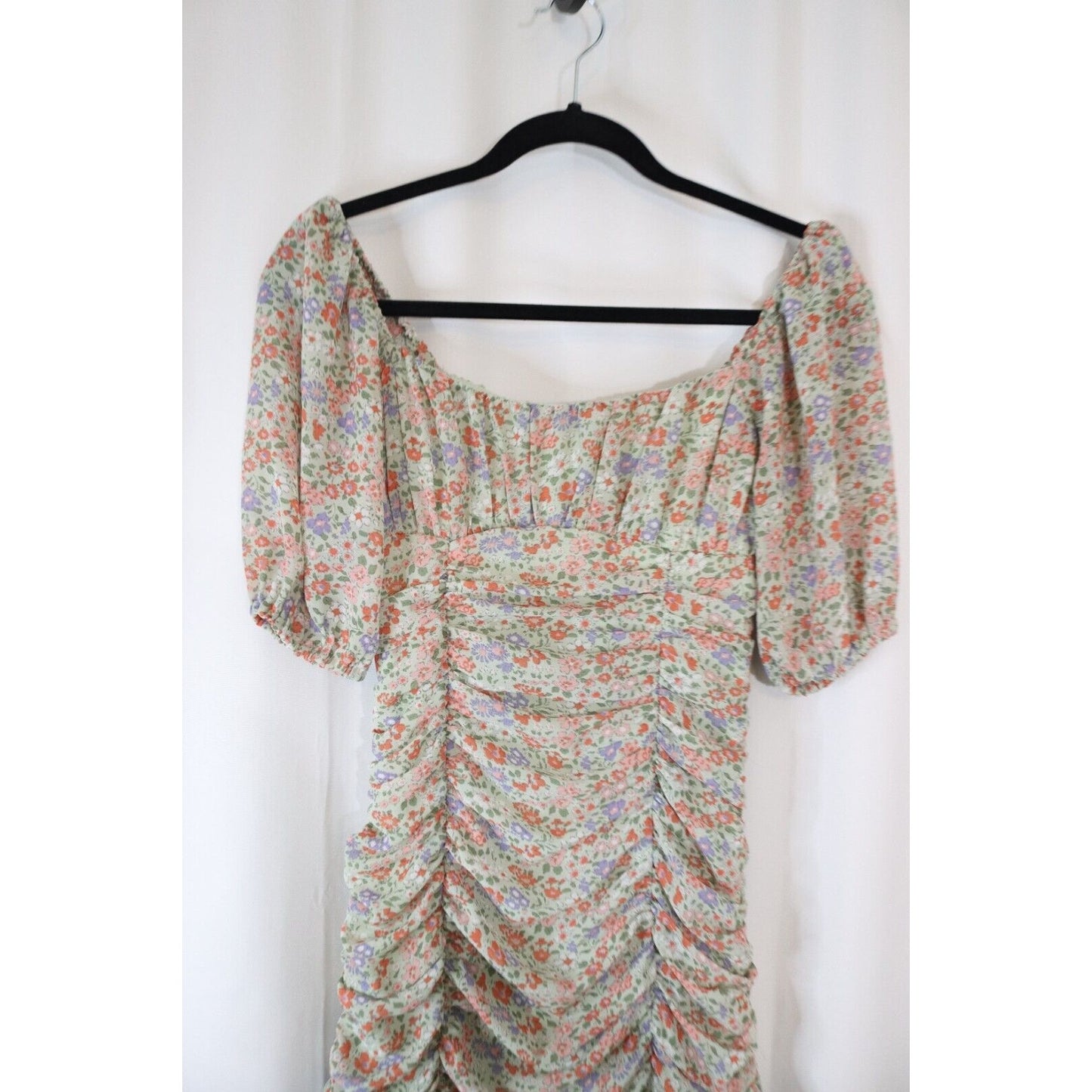 Lush Ruched Dress Off the shoulder Sheer Puff Sleeves Floral Size XS