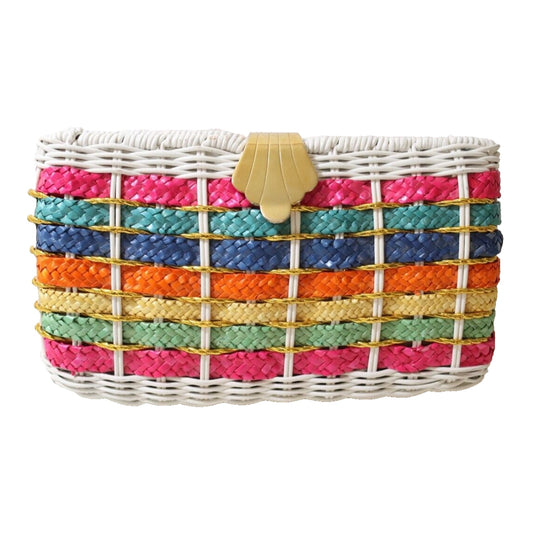 1960’s Rainbow Striped White Wicker Woven Basket Purse Bag Gold Tone Chain Strap