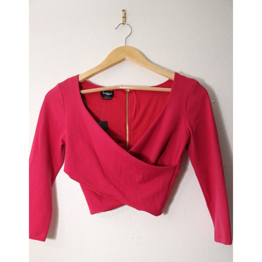 NTW Bebe XS Pink Cropped Top Faux Wrap 3/4 Sleeve