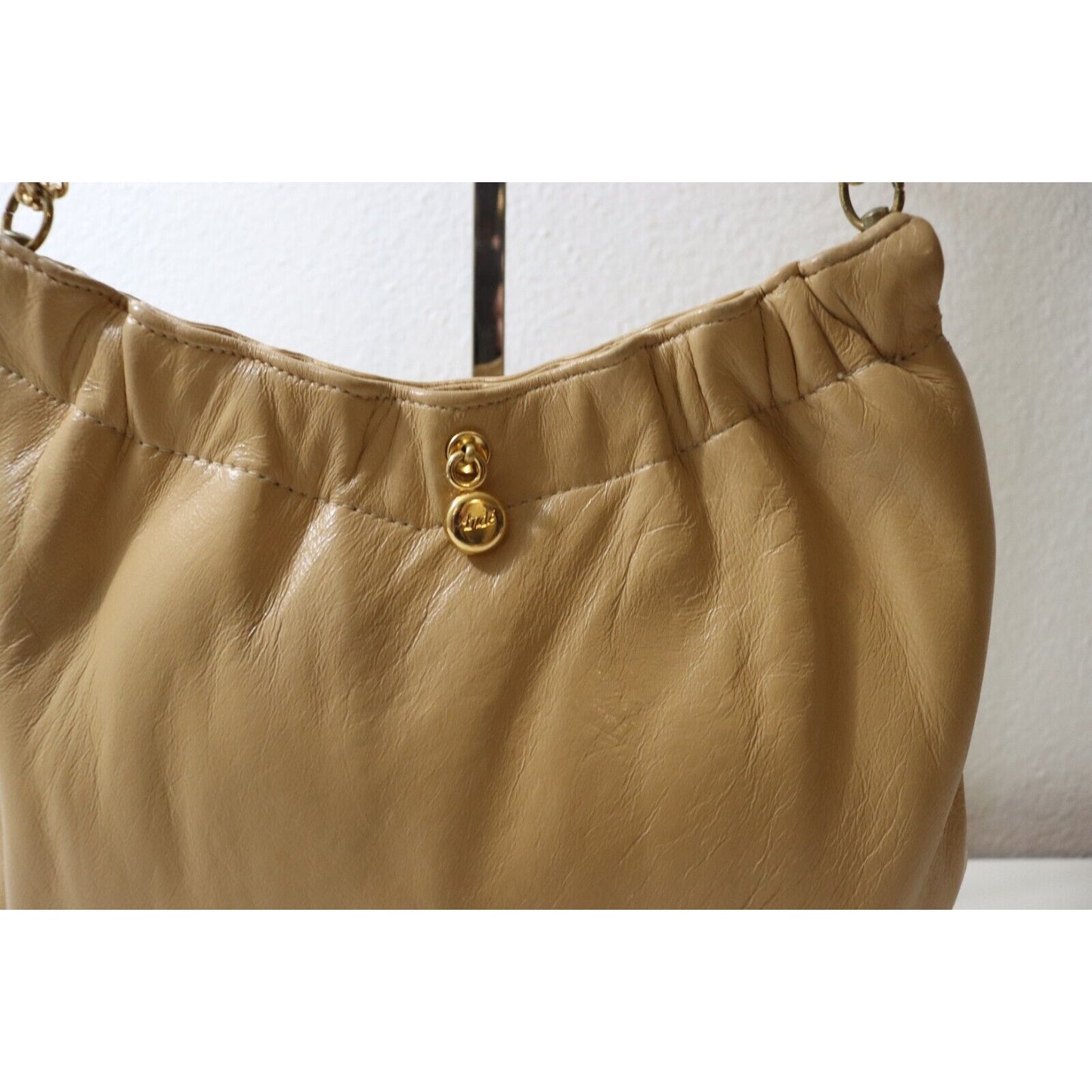 Ande Vintage Nude Tan Beige Leather Small Purse Gold Chain Shoulder Bag