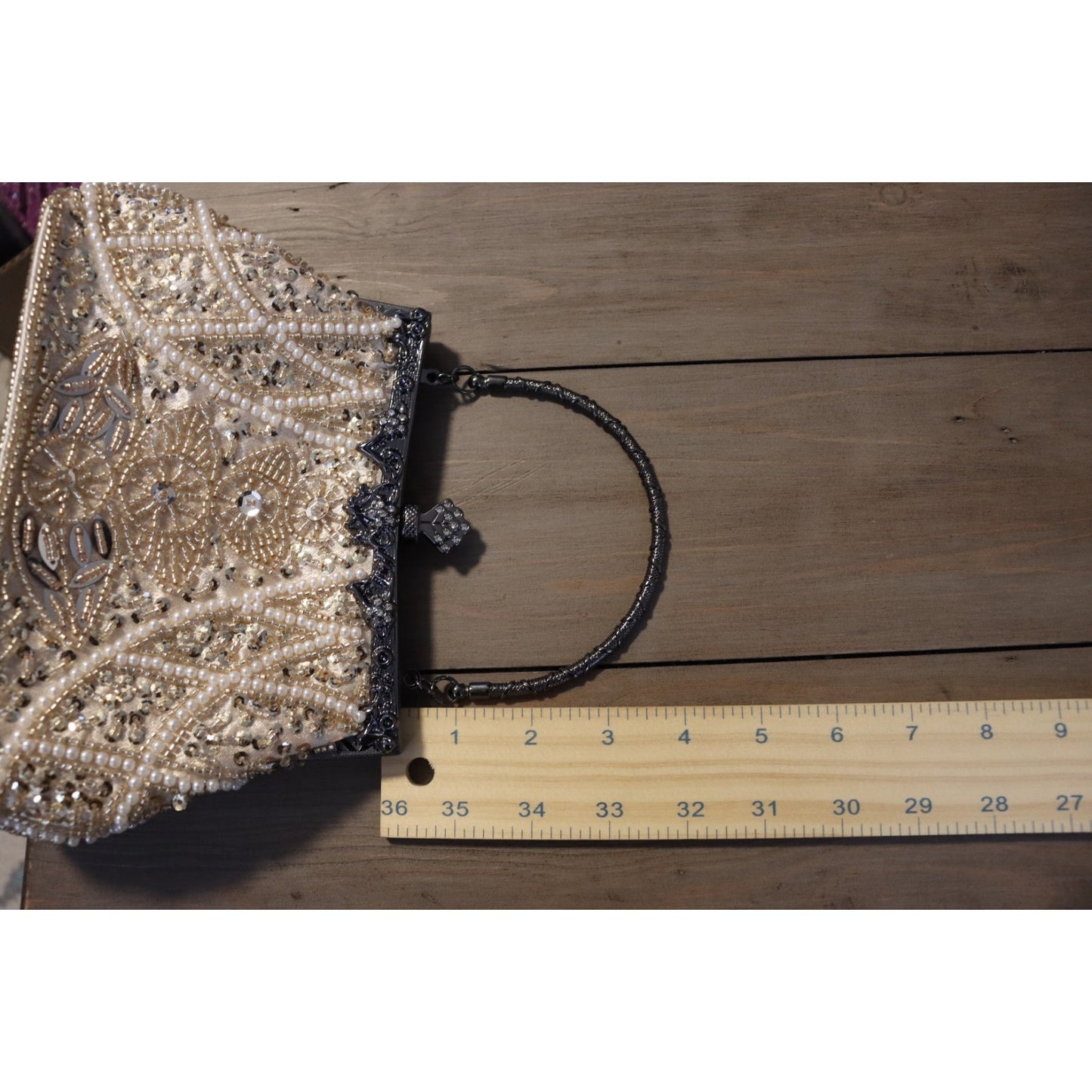 Vintage Inspired Beaded Ivory Bag Top Handle Clutch Gunmetal