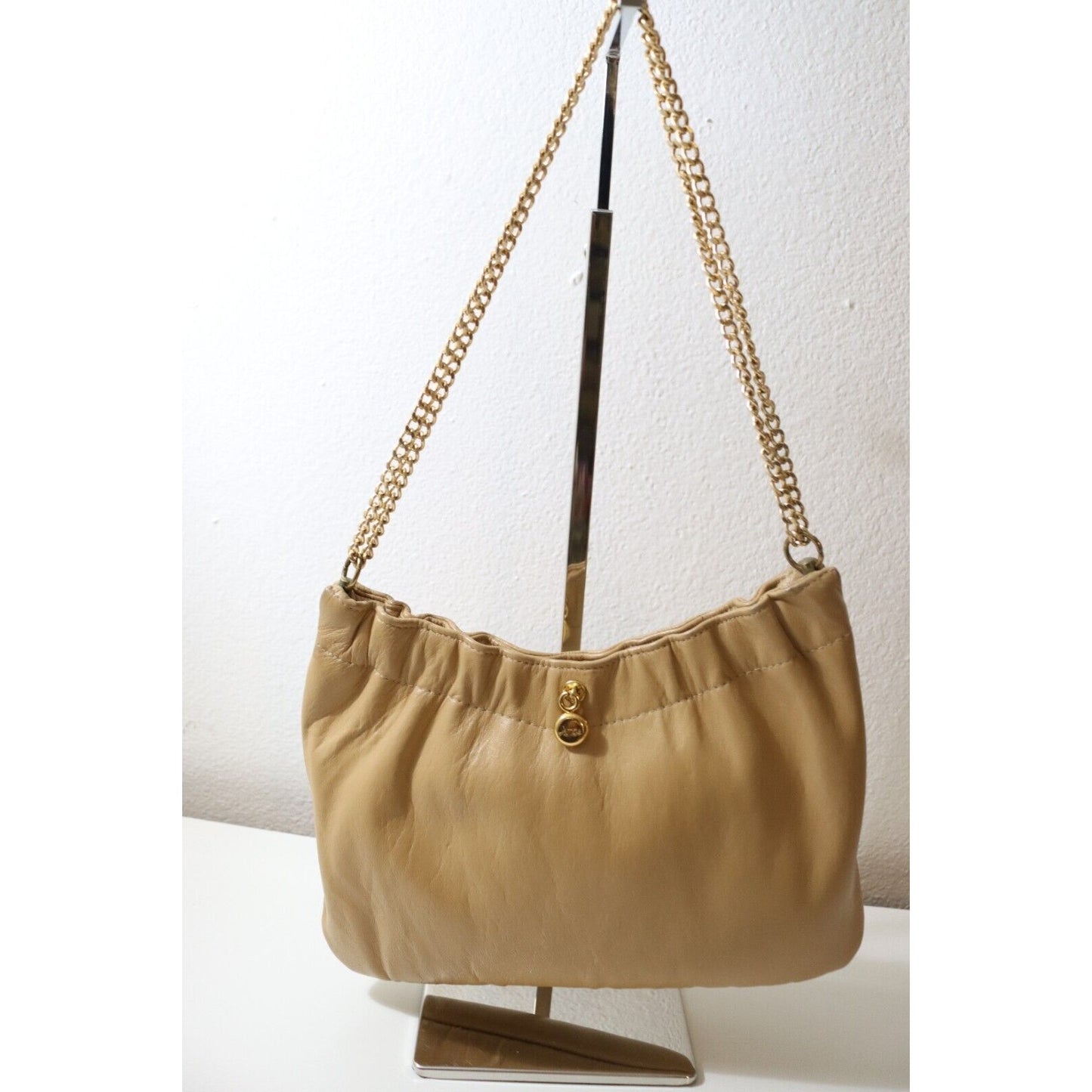 Ande Vintage Nude Tan Beige Leather Small Purse Gold Chain Shoulder Bag