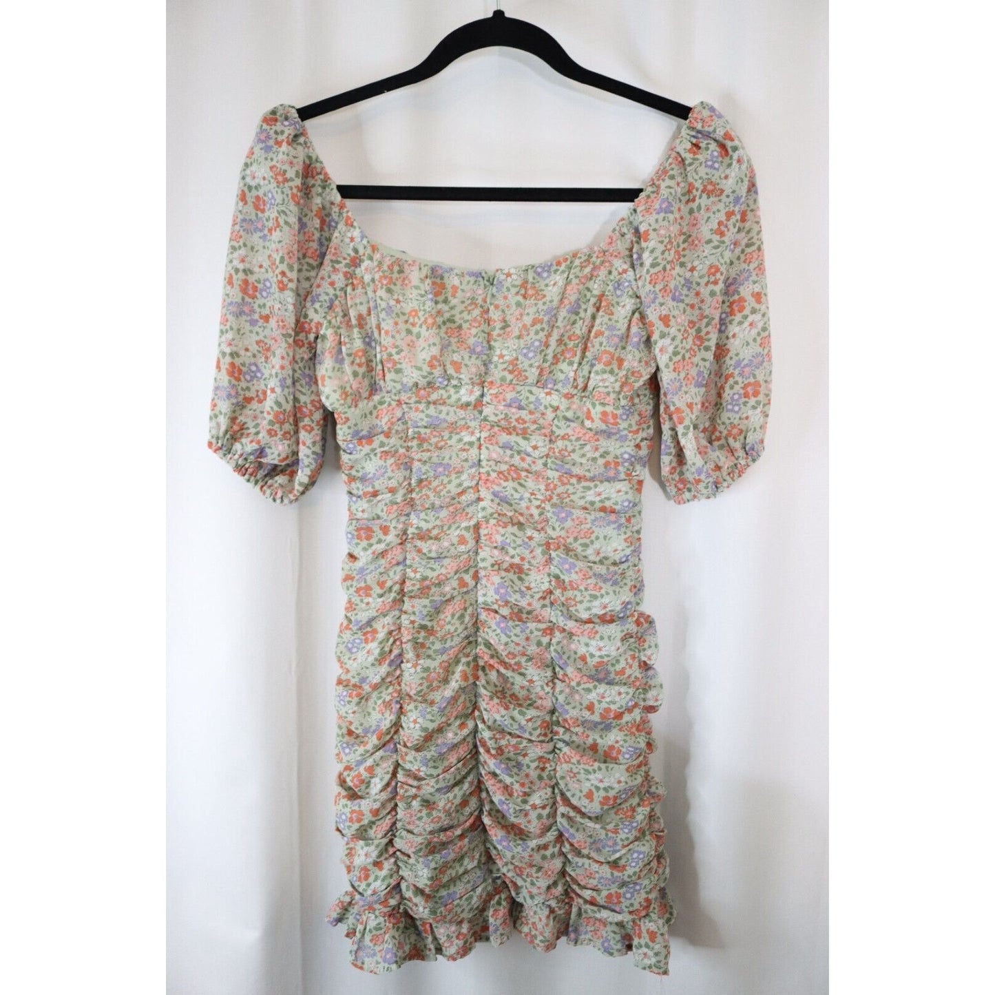 Lush Ruched Dress Off the shoulder Sheer Puff Sleeves Floral Size XS