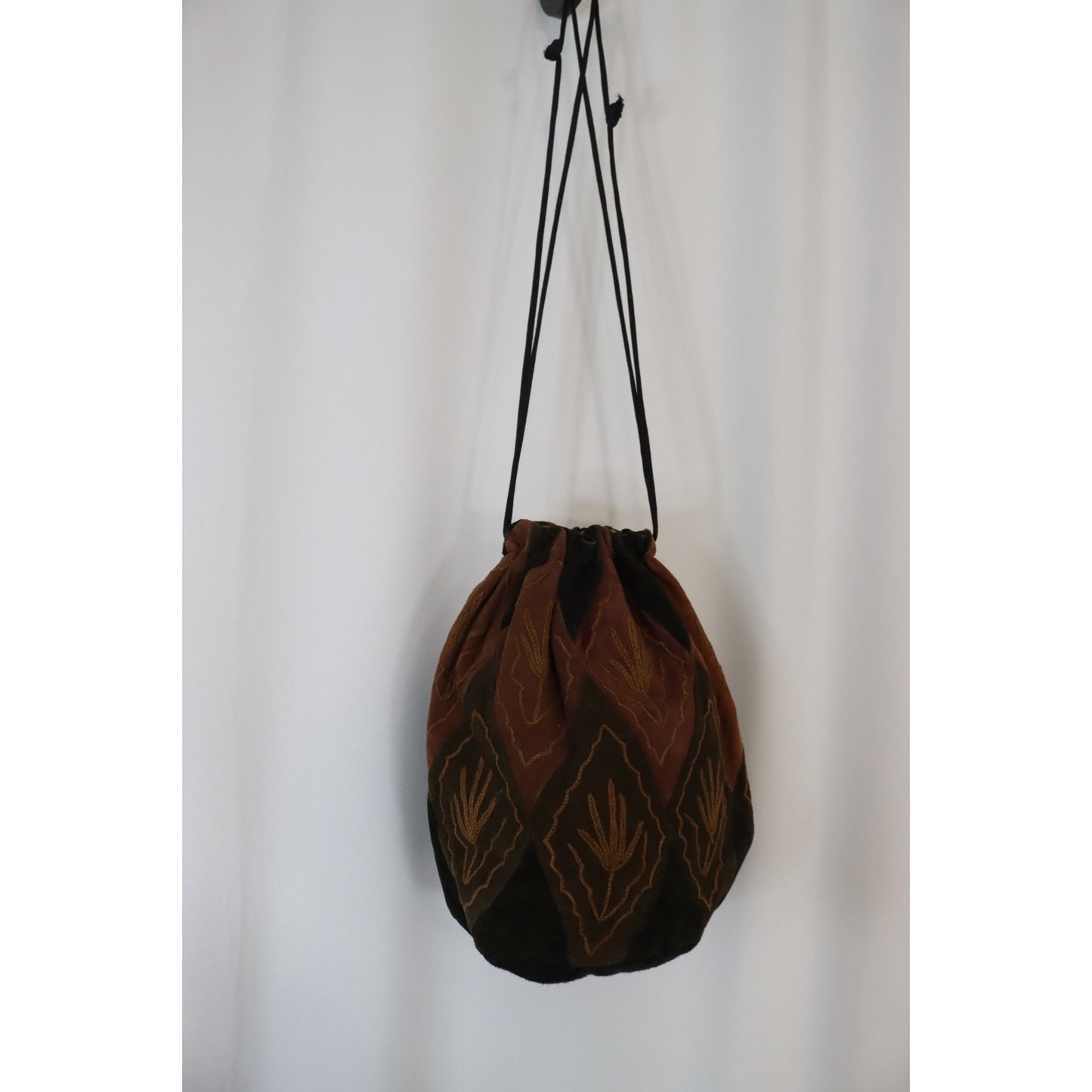 Leather Bucket Drawstring Bag Small Brown