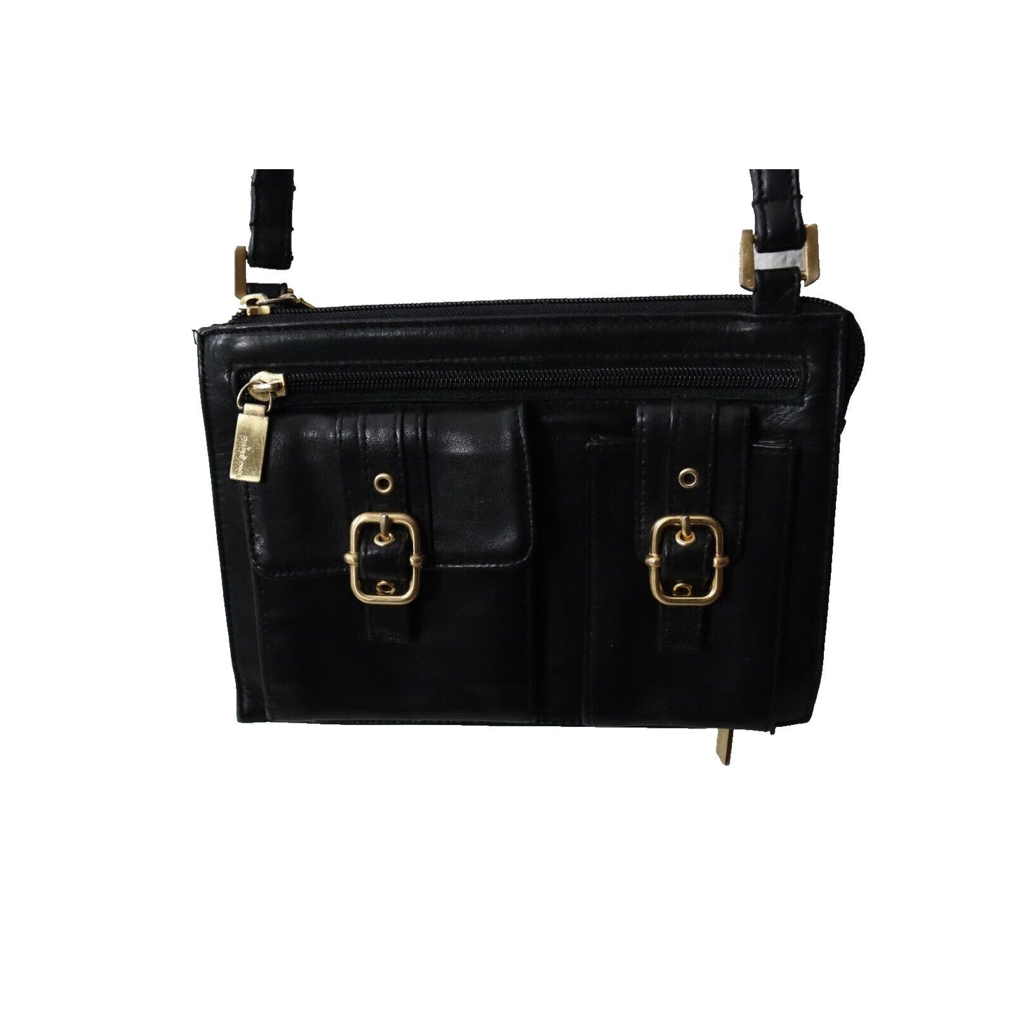 Perlina Black Leather Purse Crossbody Organizer Gold Hardware