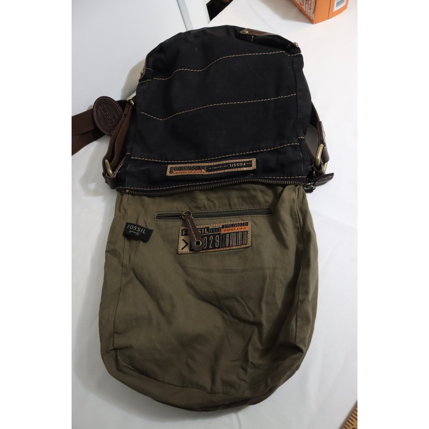 Vintage Fossil Black Canvas Leather Crossbody Bag