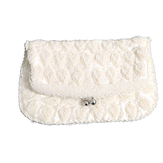 Vintage Beaded Kiss Lock Clutch White Foldable