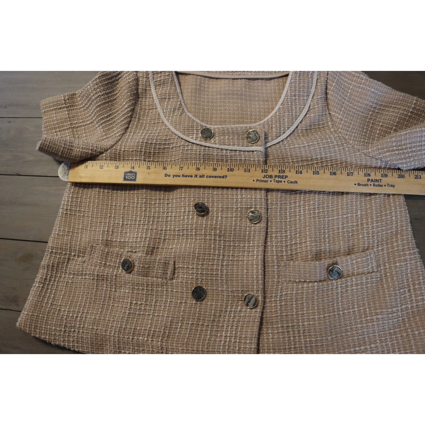 MM & Co Short Tweed Blazer Light Brown Button Preppy Flaws
