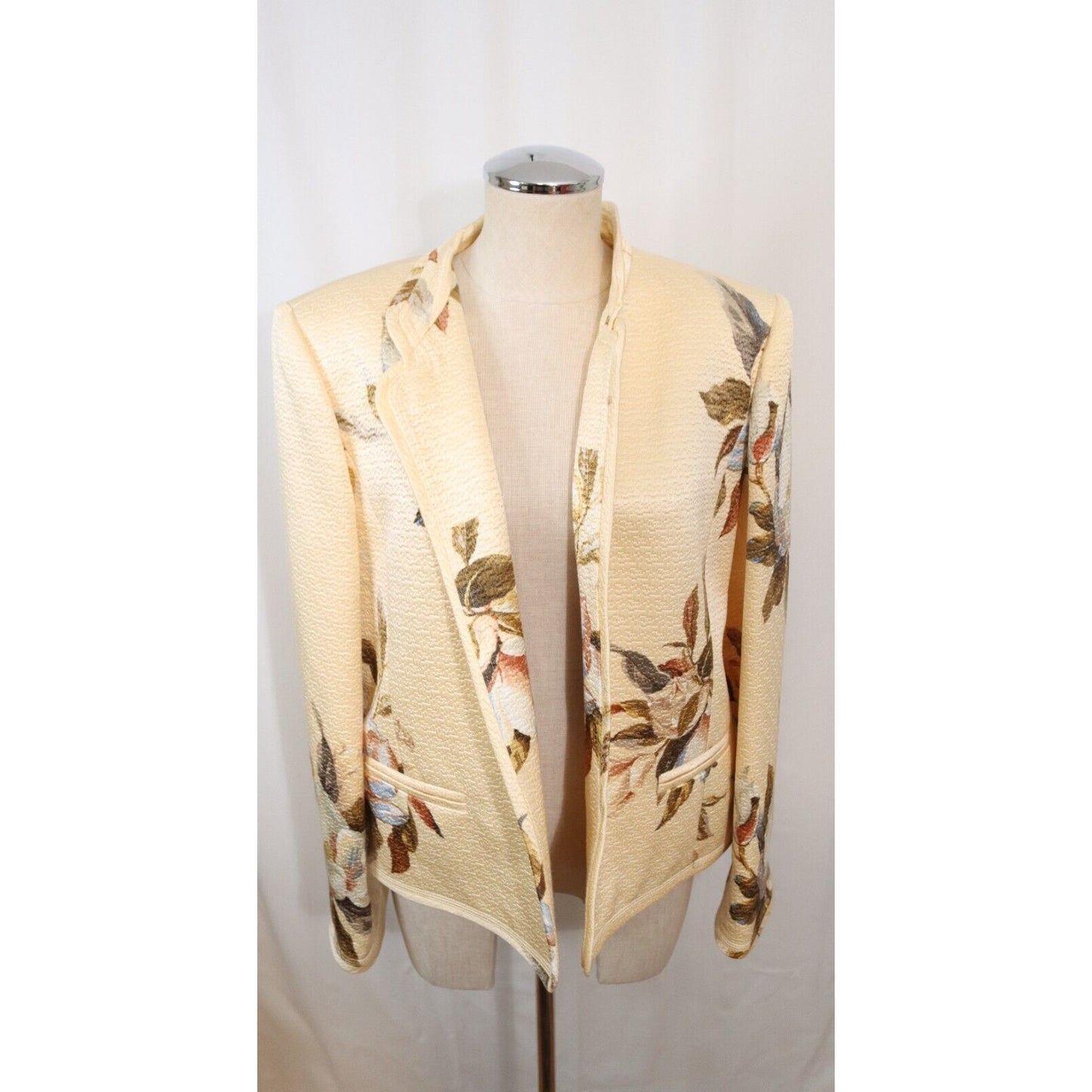 NWT Linda Allard Ellen Tracy Yellow with Flower Blazer Open Front Size 14