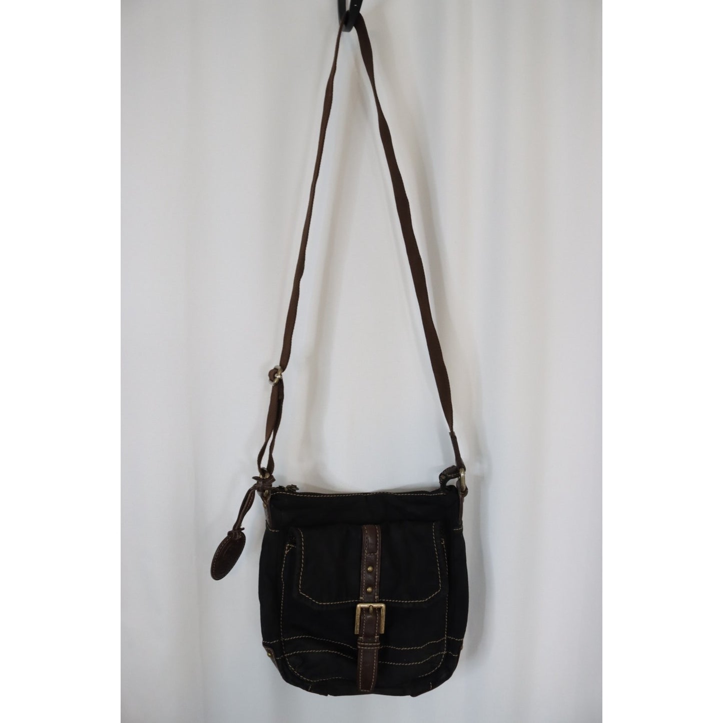 Vintage Fossil Black Canvas Leather Crossbody Bag