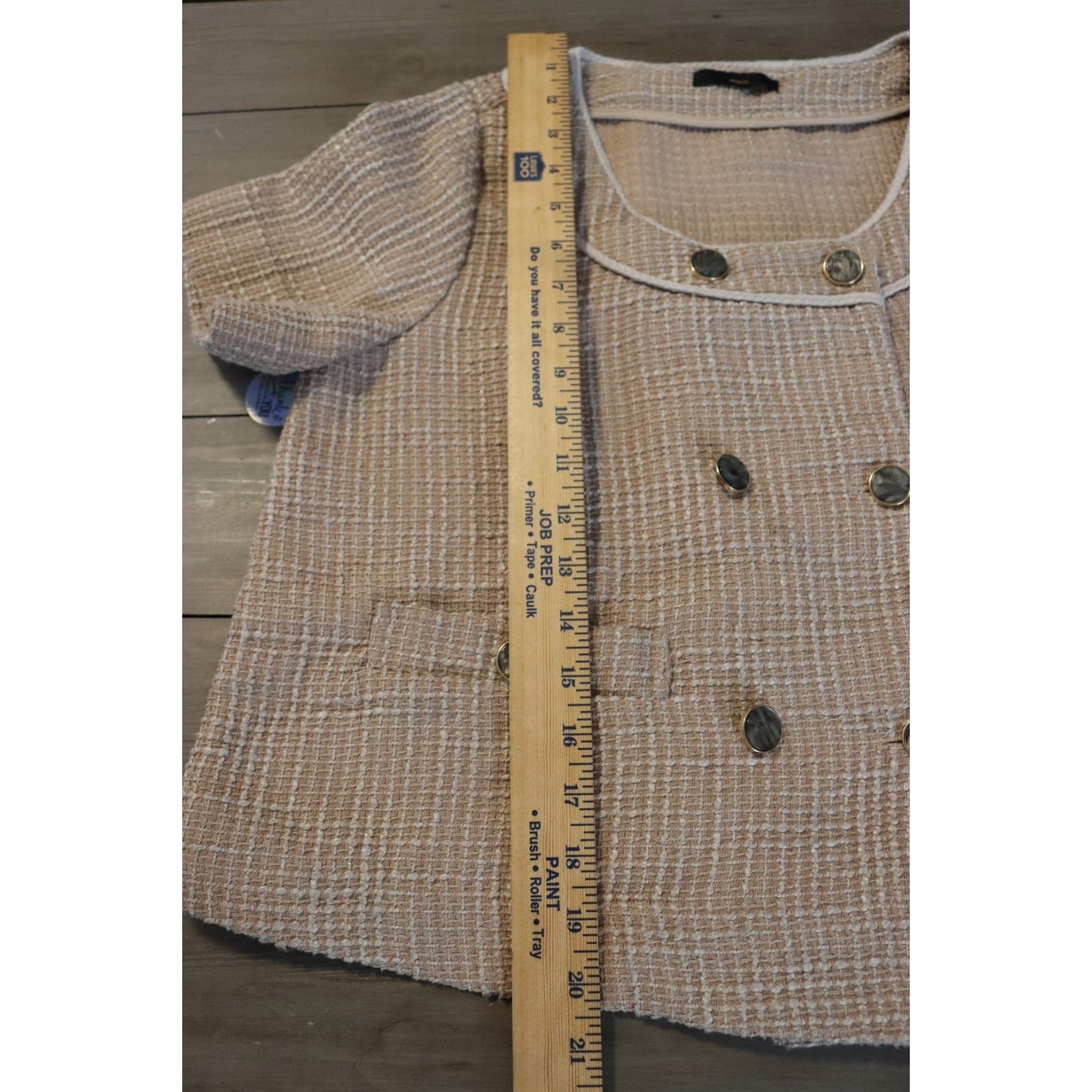 MM & Co Short Tweed Blazer Light Brown Button Preppy Flaws