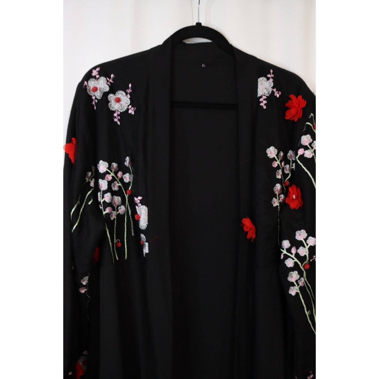 Black Open Abaya Flowers Embroidery XL