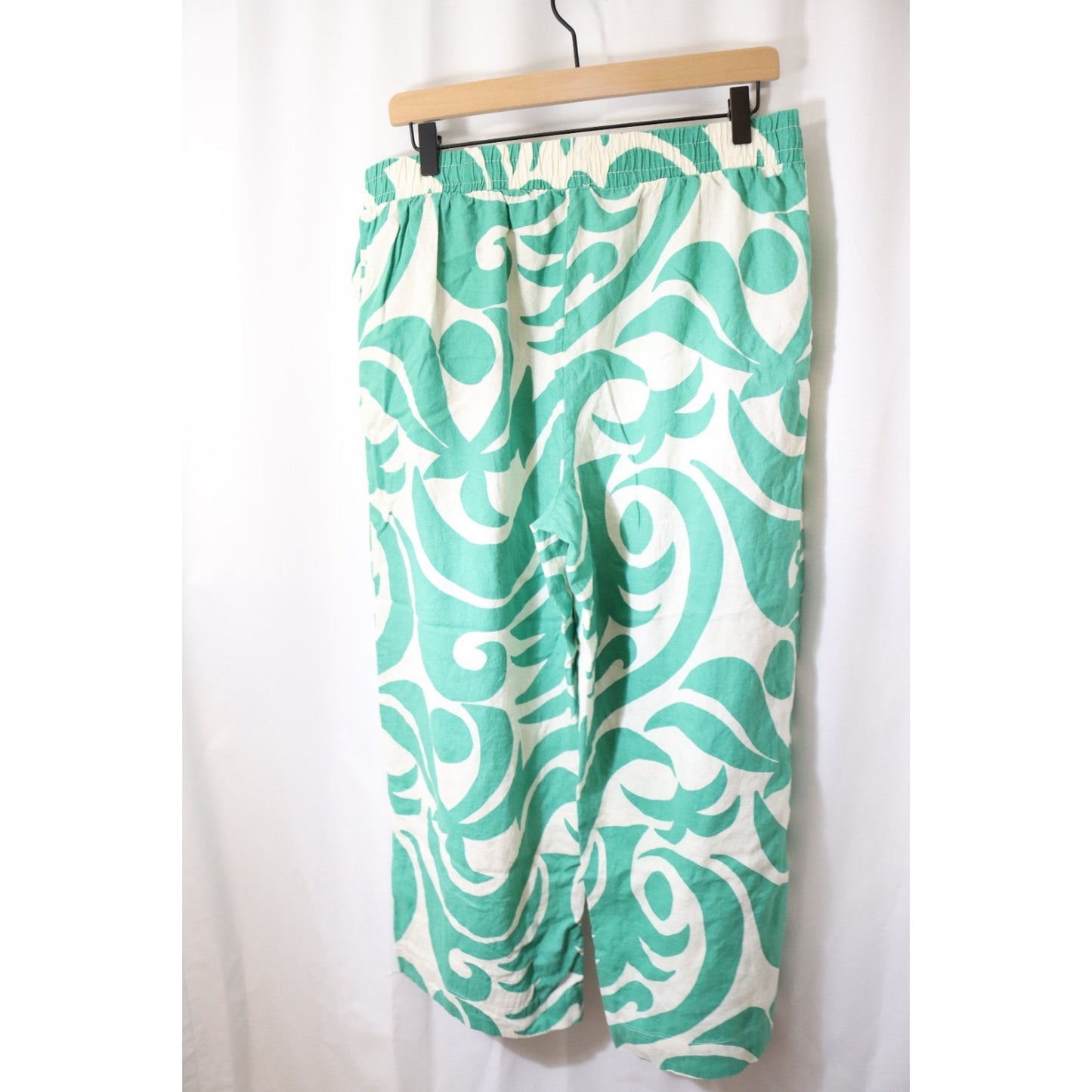 Ponoma Large Green and White Wide Leg Pant Linen/Rayon Pocket