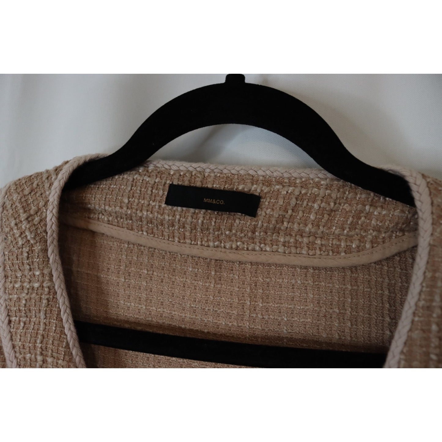 MM & Co Short Tweed Blazer Light Brown Button Preppy Flaws