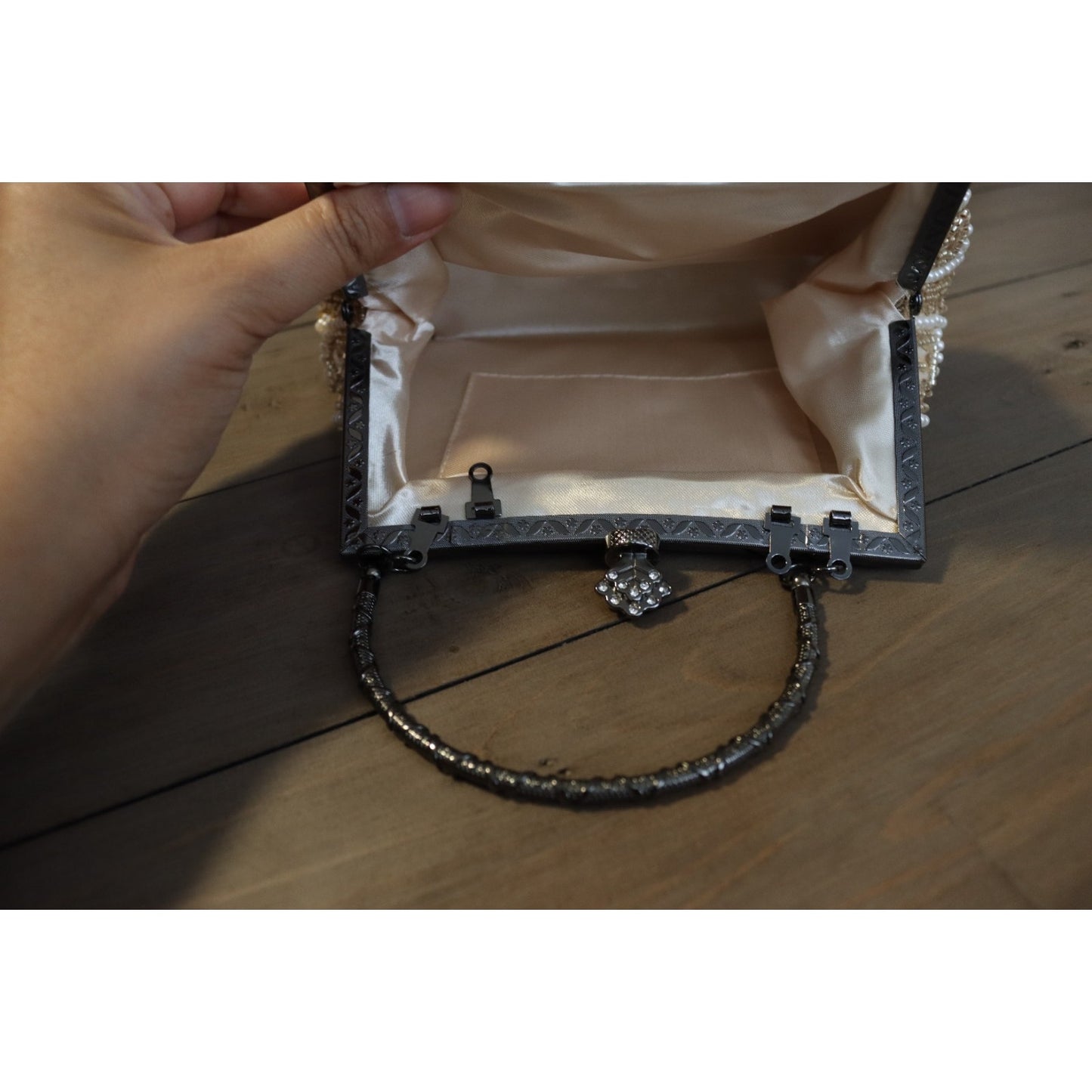 Vintage Inspired Beaded Ivory Bag Top Handle Clutch Gunmetal
