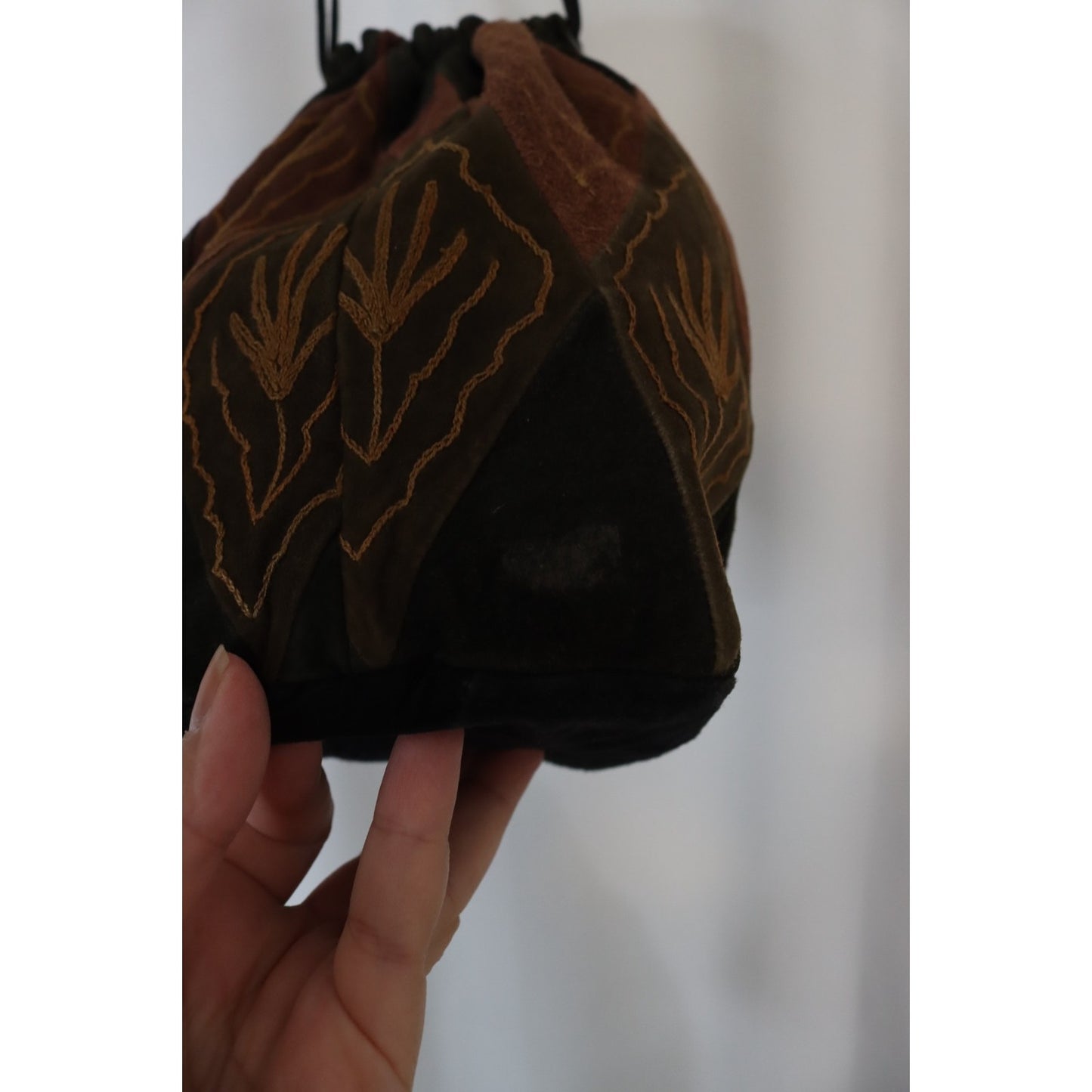 Leather Bucket Drawstring Bag Small Brown