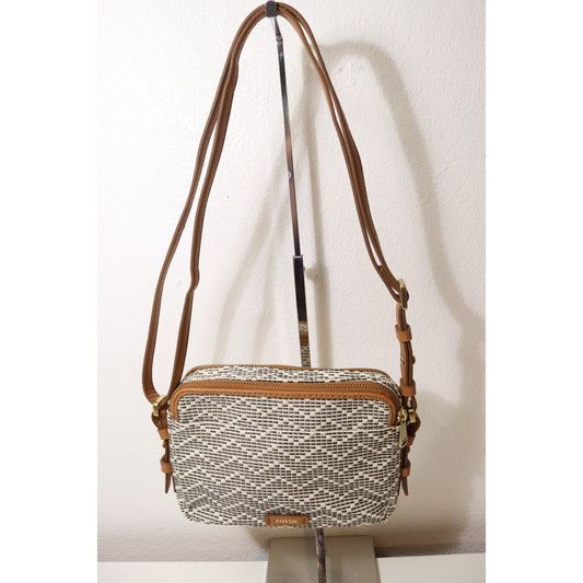 Vintage Fossil Tweed and Leather Crossbody Bag Gold Hardware Stripes