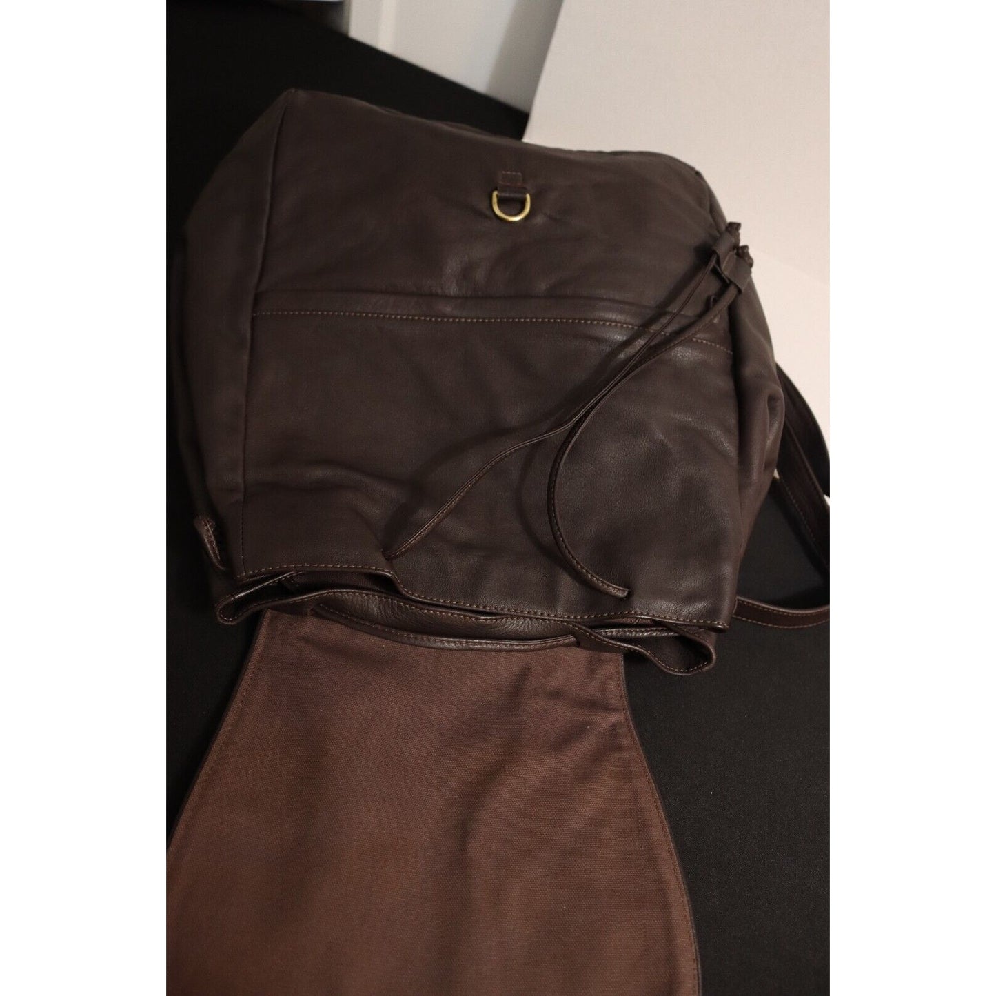 L.L. Bean Geninue Leather Backpack Brown Lined Drawstring Adjustable Strap