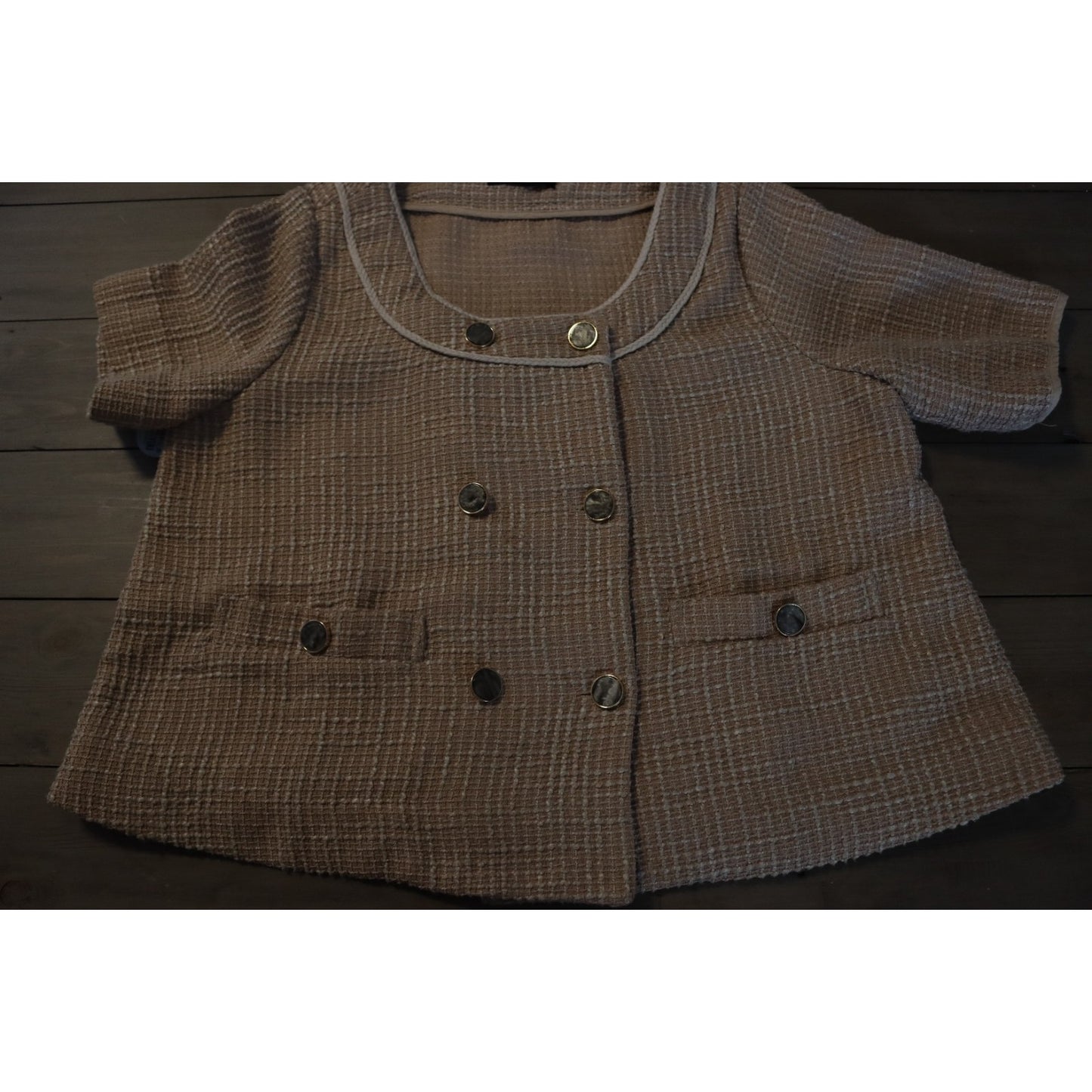 MM & Co Short Tweed Blazer Light Brown Button Preppy Flaws