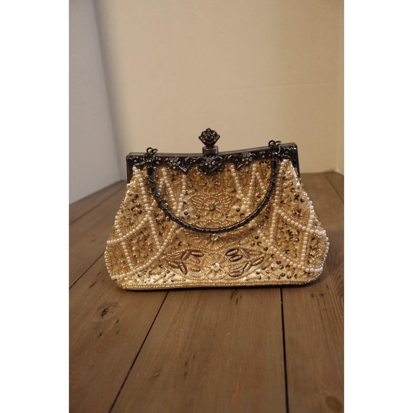 Vintage Inspired Beaded Ivory Bag Top Handle Clutch Gunmetal