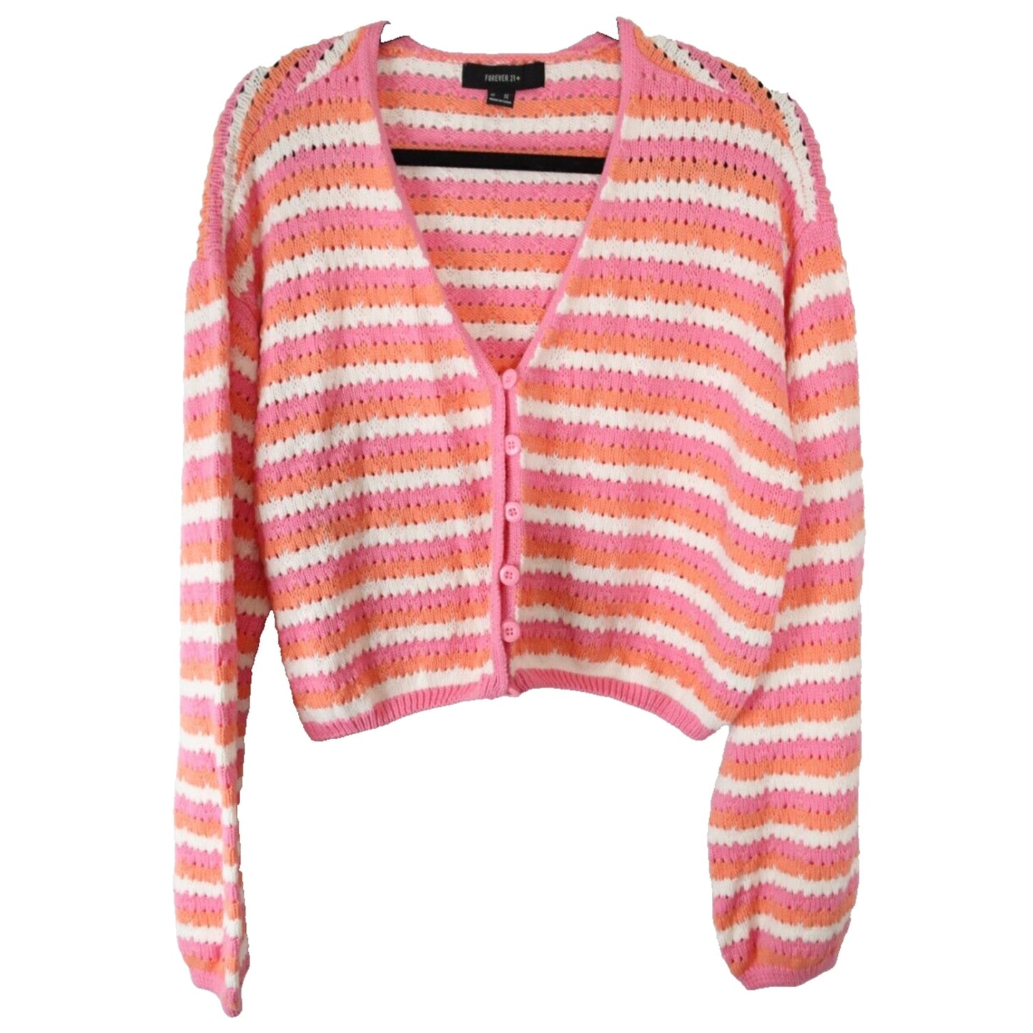 Forever 21 Sweater Cropped Pink and White Long Sleeves Size 3X Button