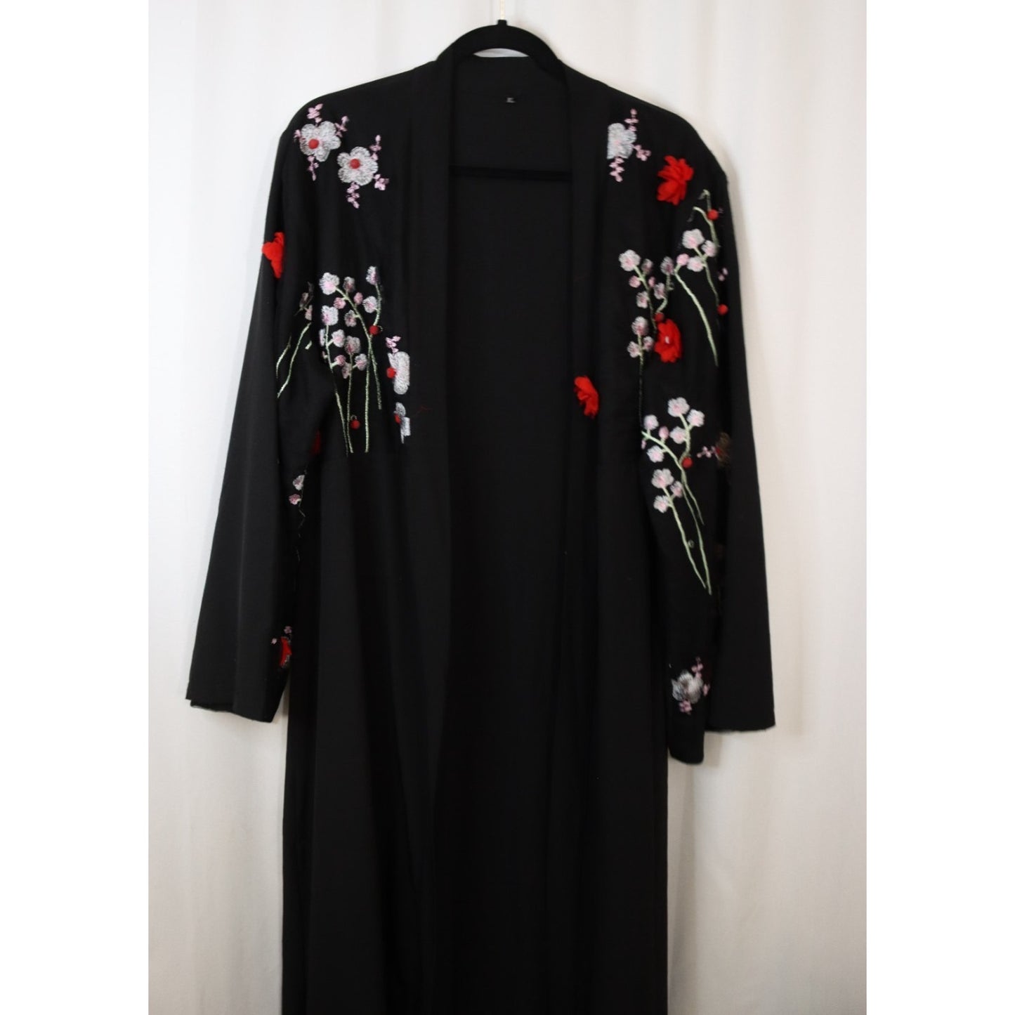 Black Open Abaya Flowers Embroidery XL