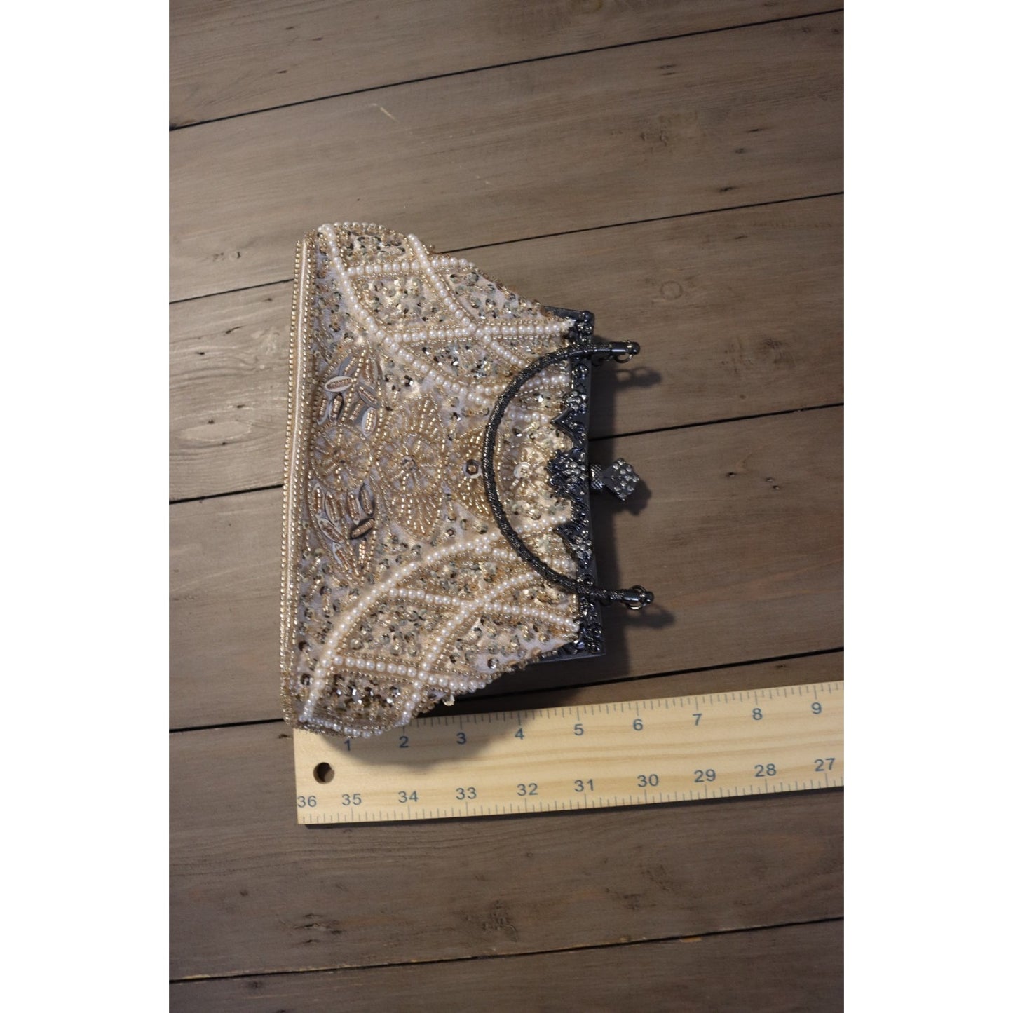 Vintage Inspired Beaded Ivory Bag Top Handle Clutch Gunmetal