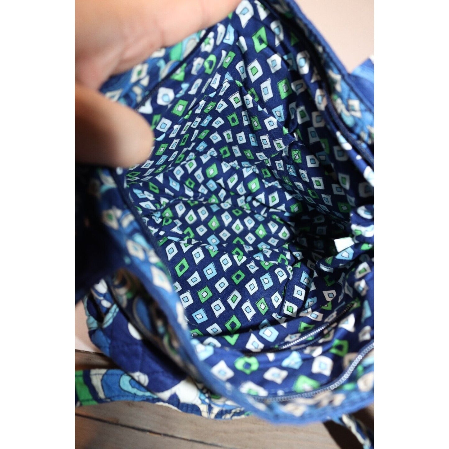 Vera Bradley Blue White Green Zipper Closure Shoulder Bag Double Handle