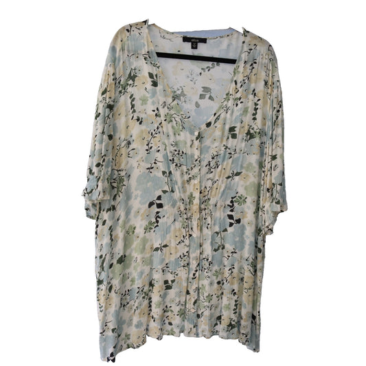 Ellos Cream and Floral Top Short Sleeve Size 26/28/2X Button Up