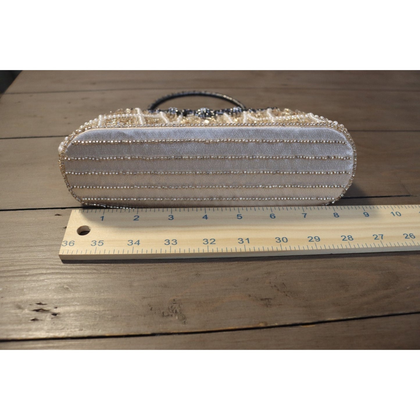 Vintage Inspired Beaded Ivory Bag Top Handle Clutch Gunmetal