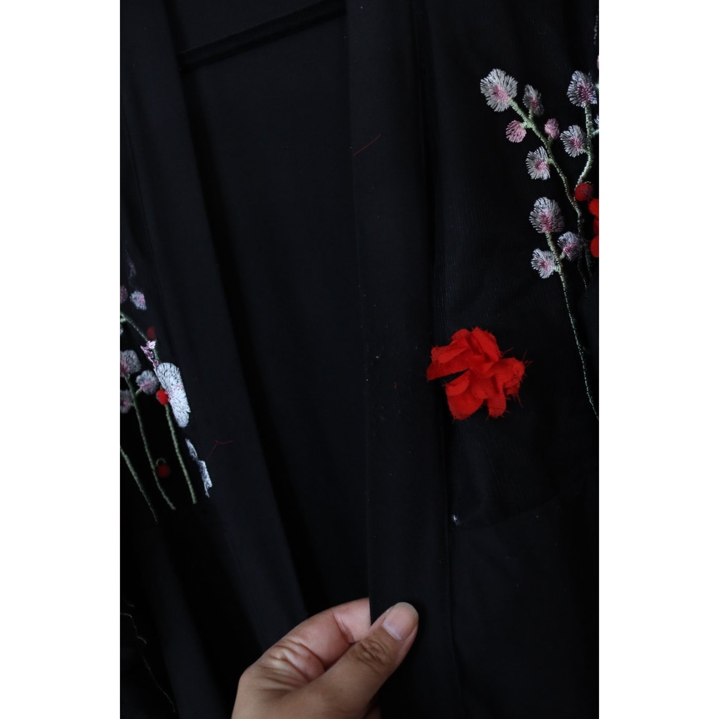 Black Open Abaya Flowers Embroidery XL
