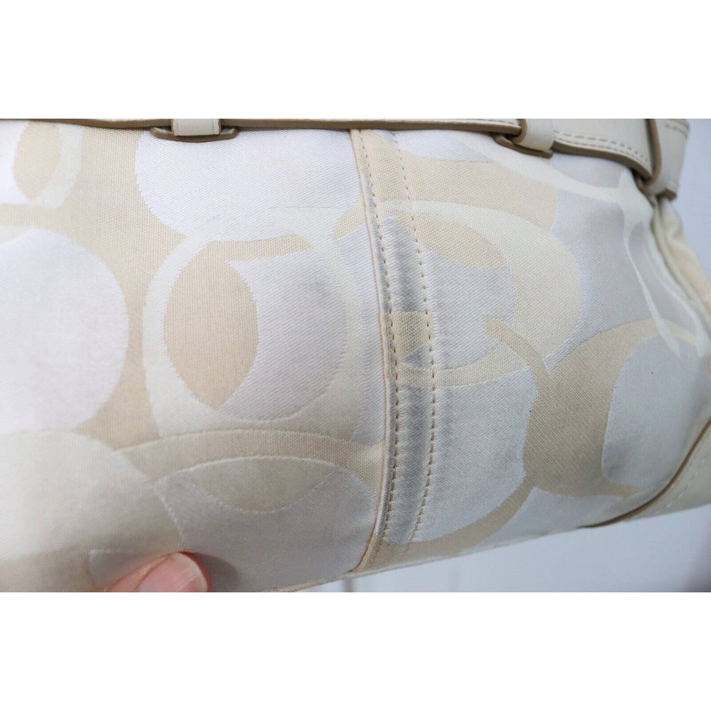 Coach Hampton Cream/White/Tan Signature Canvas and Leather Satchel Handbag 13338
