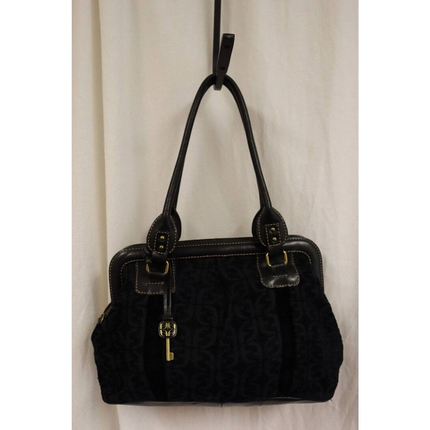 Vintage Fossil Fabric and Leather Black Shoulder Bag Medium Size Handbag